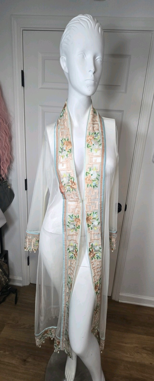 Vintage 20s/30s Sheer Art Deco Asian Style Embroidered Bridal Kinomo Faux Pearls