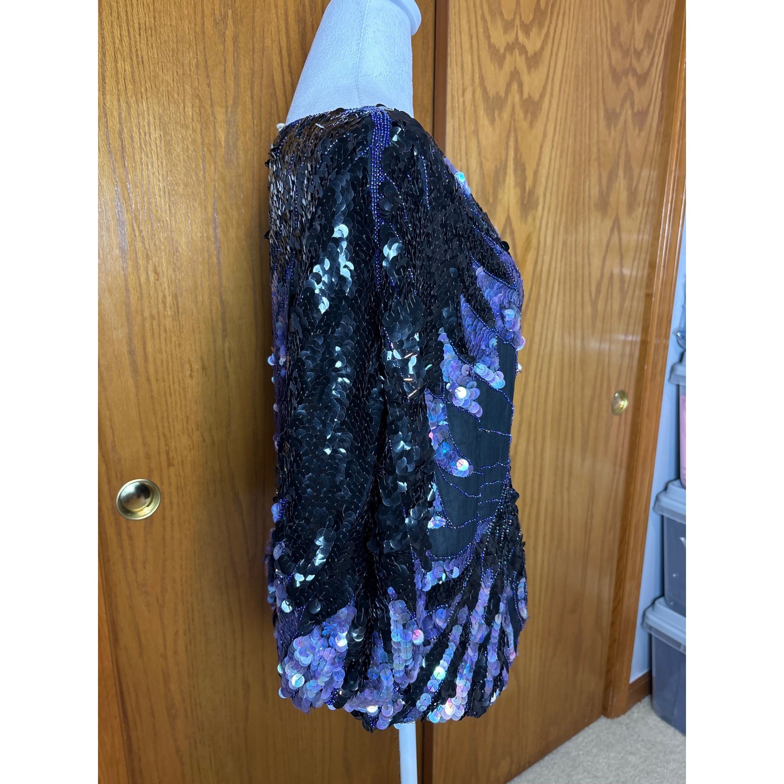 Shomax Vintage Silk Sequin Butterfly Top Iridescent Purple Beaded Batwing Blouse