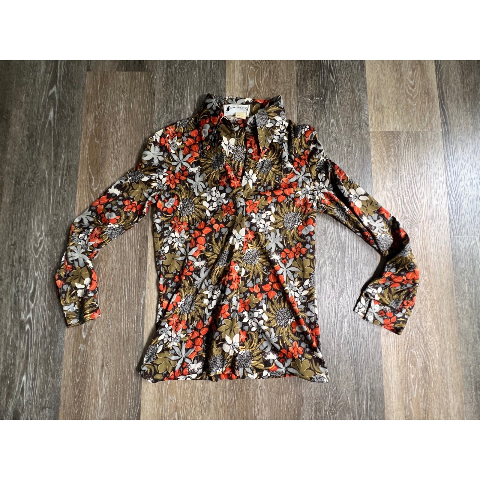 Queen Casuals Button Down Blouse Womens 11/12 Brown Orange Floral 70s Vintage