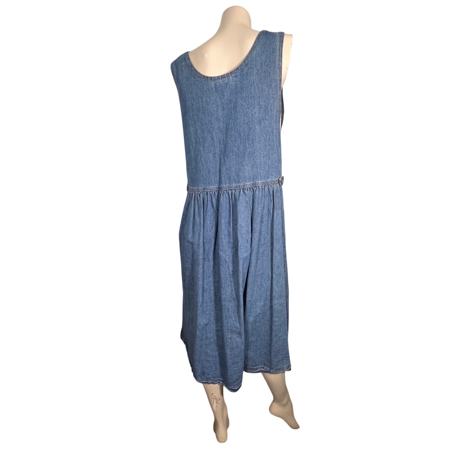 Vintage Denim Jumper Dress Women Size 14 Blue Pinafore Midi Cotton Drop Waist