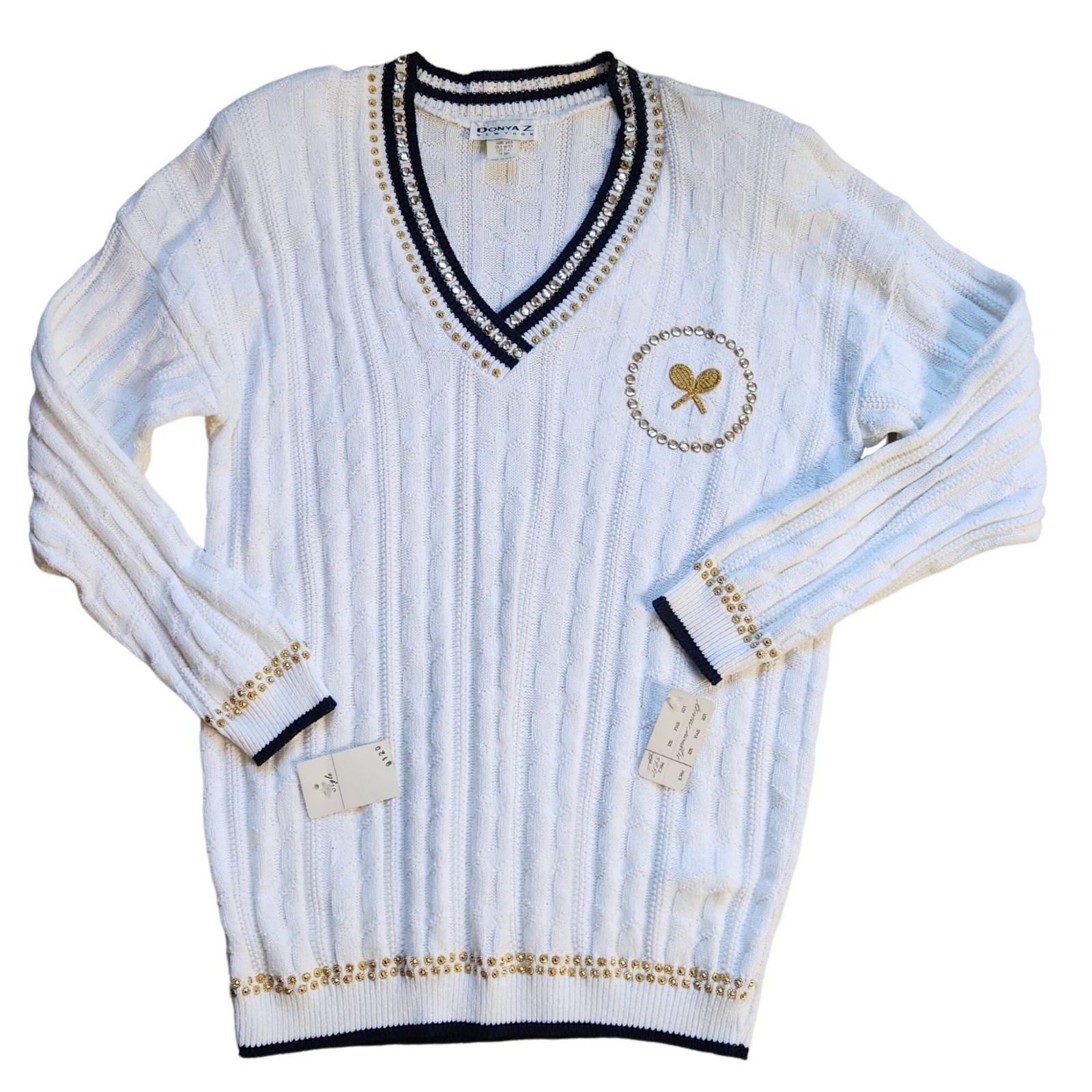 Vintage 60s 70s Preppy White Tennis Sweater M/L Retro V-Neck Embroidered Sequins
