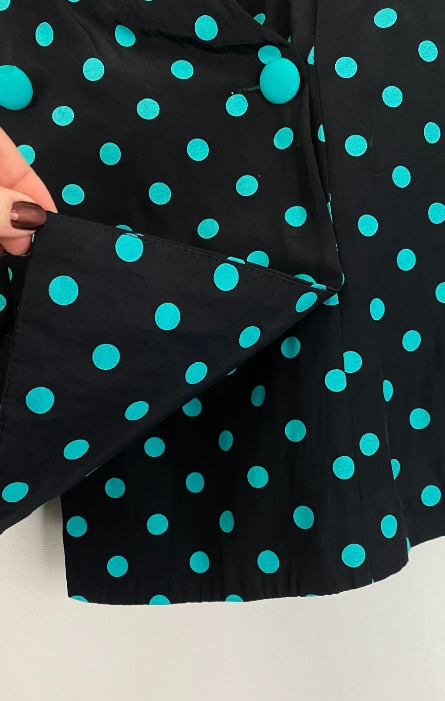 Vintage 1980s black polka dot suit L top pencil skirt set 3/4 sleeve teal jacket