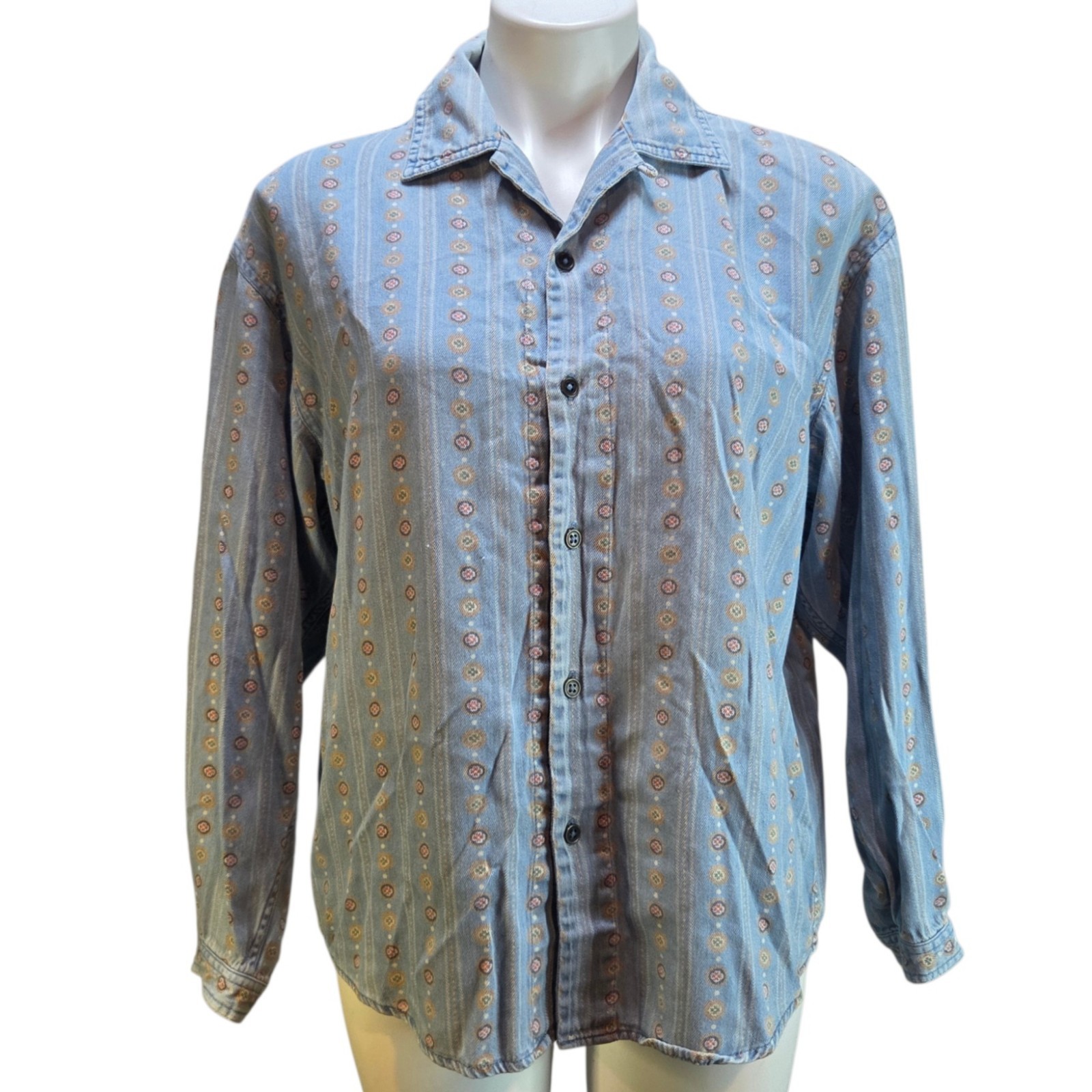 Vintage Liz Wear Denim Shirt With Geometric Southwestern Print Approx L / XL
