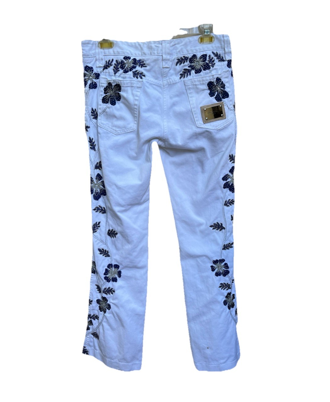 Dolce Gabbana Vintage Women’s White Jeans Blue Beaded Flowers.Italy 44