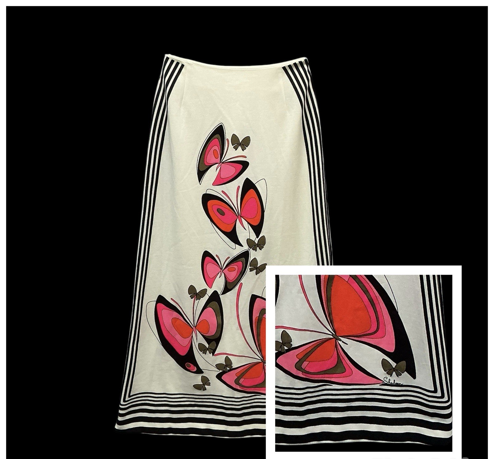 Vintage 70s Miss Shaheen Butterfly Skirt Sz 10 A-Line Op Art Print USA Rear Zip