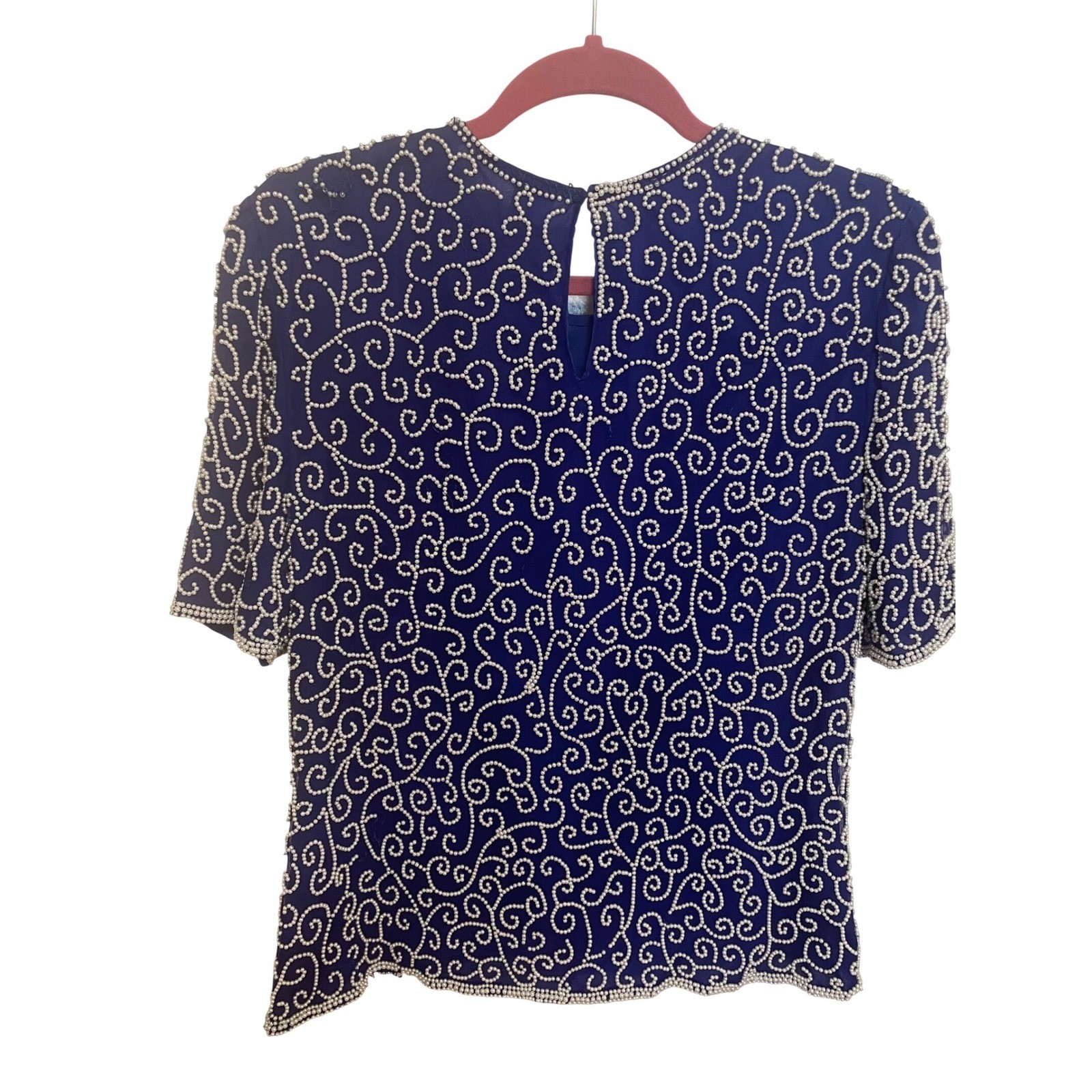 Vintage Faux Pearl Beaded Top Laurence Kazar Royal Blue 100% Silk PM