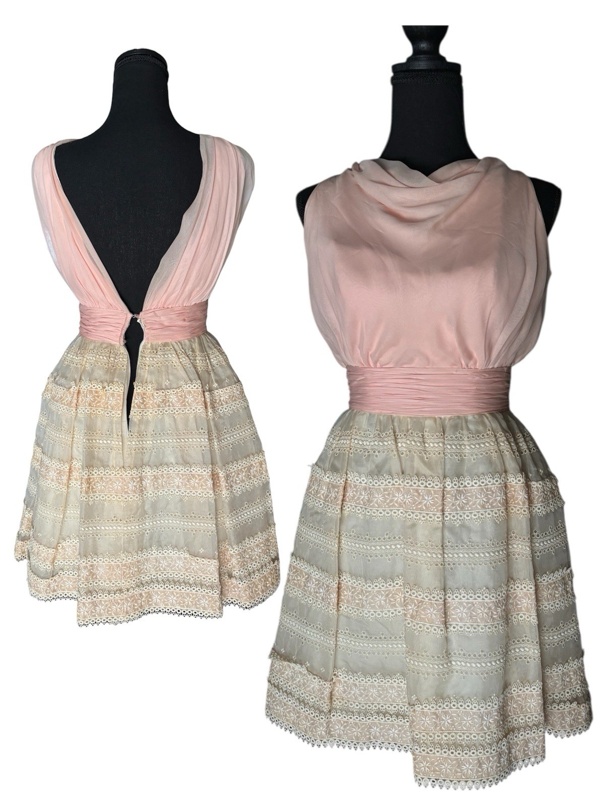 Vintage Edward Abbott Wilson Folmar Pink Beige White Lace Vintage Mini Dress