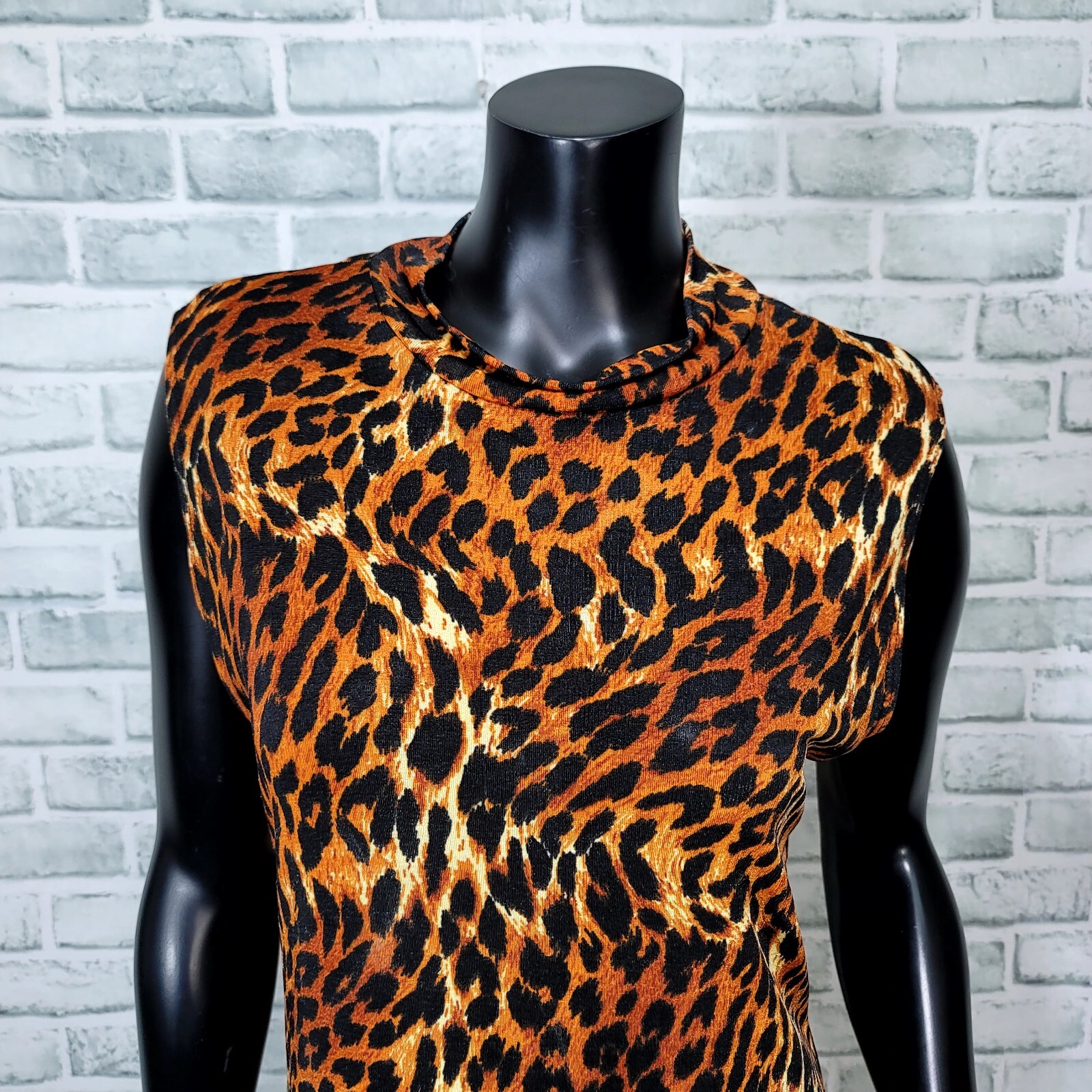 Vintage 90s Carol USA Womens M Leopard Slinky Stretchy Mack Neck Sleeveless