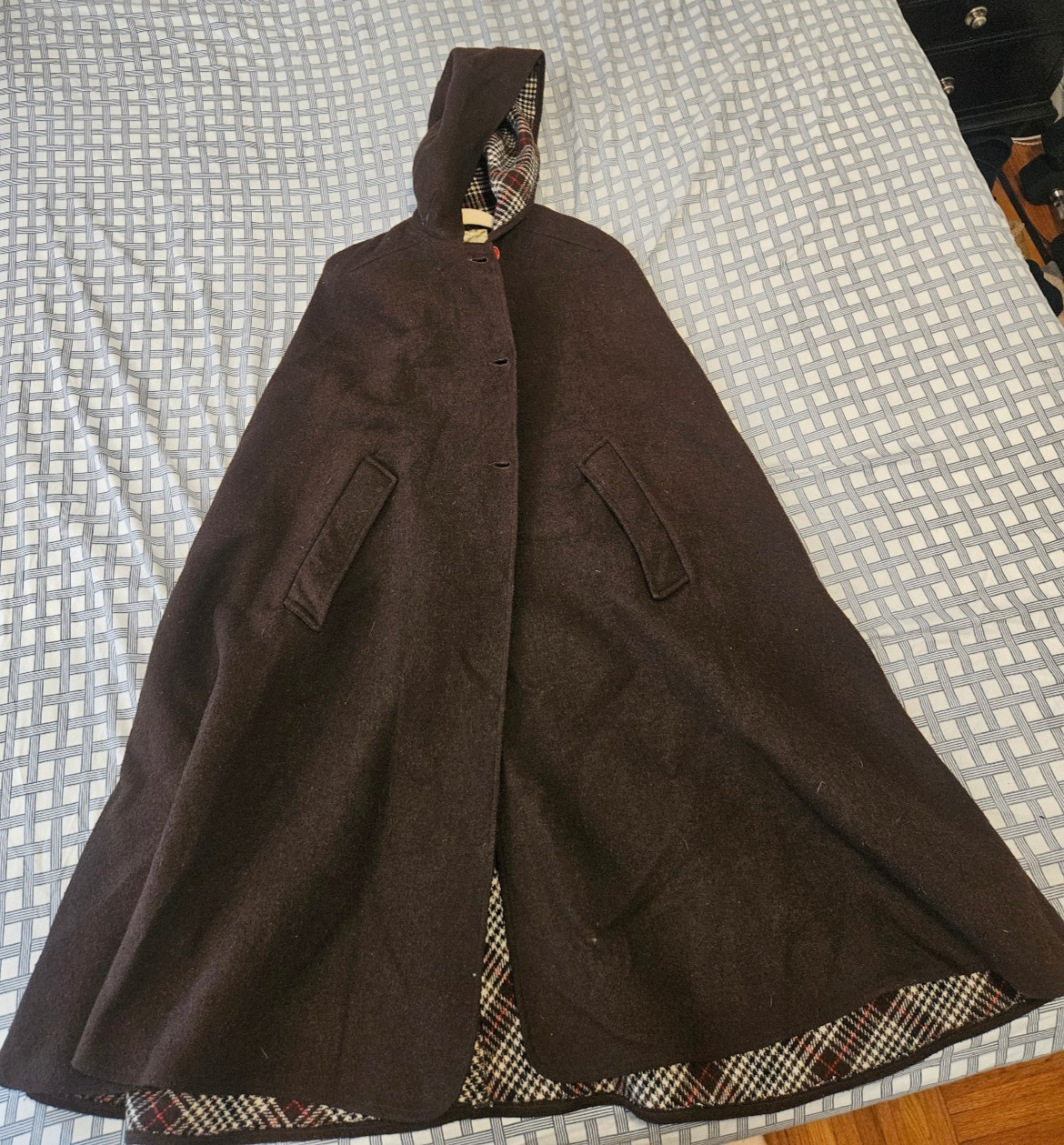 Vintage Brown Wool Hooded Cape with Houndstooth Plaid Lining