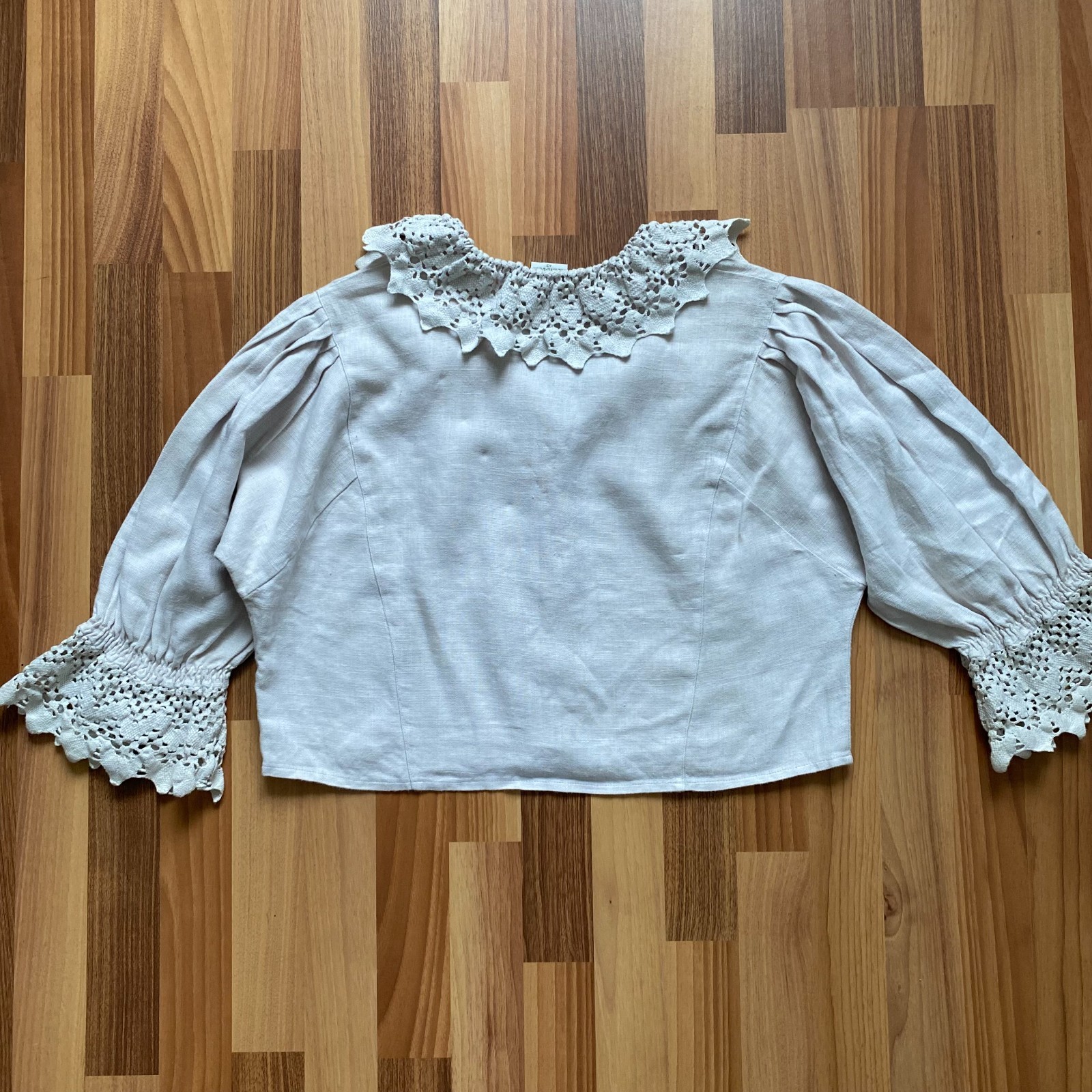 HESS FRACKMANN Linen Blouse Button Front Peasant Folk Edwardian Puff Sleeves 42