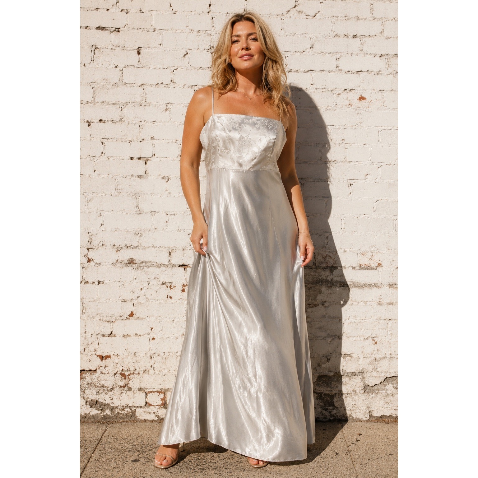 Do You Love Me Silver Acetate Brocade Maxi Slip Dress 90s Prom Gown Vintage 18