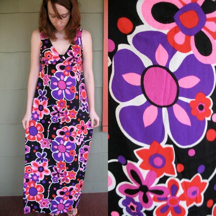 VTG 60s 70s Long Dress Slit Side Top Mod Hippie Festival Pop Floral Graphic S/M