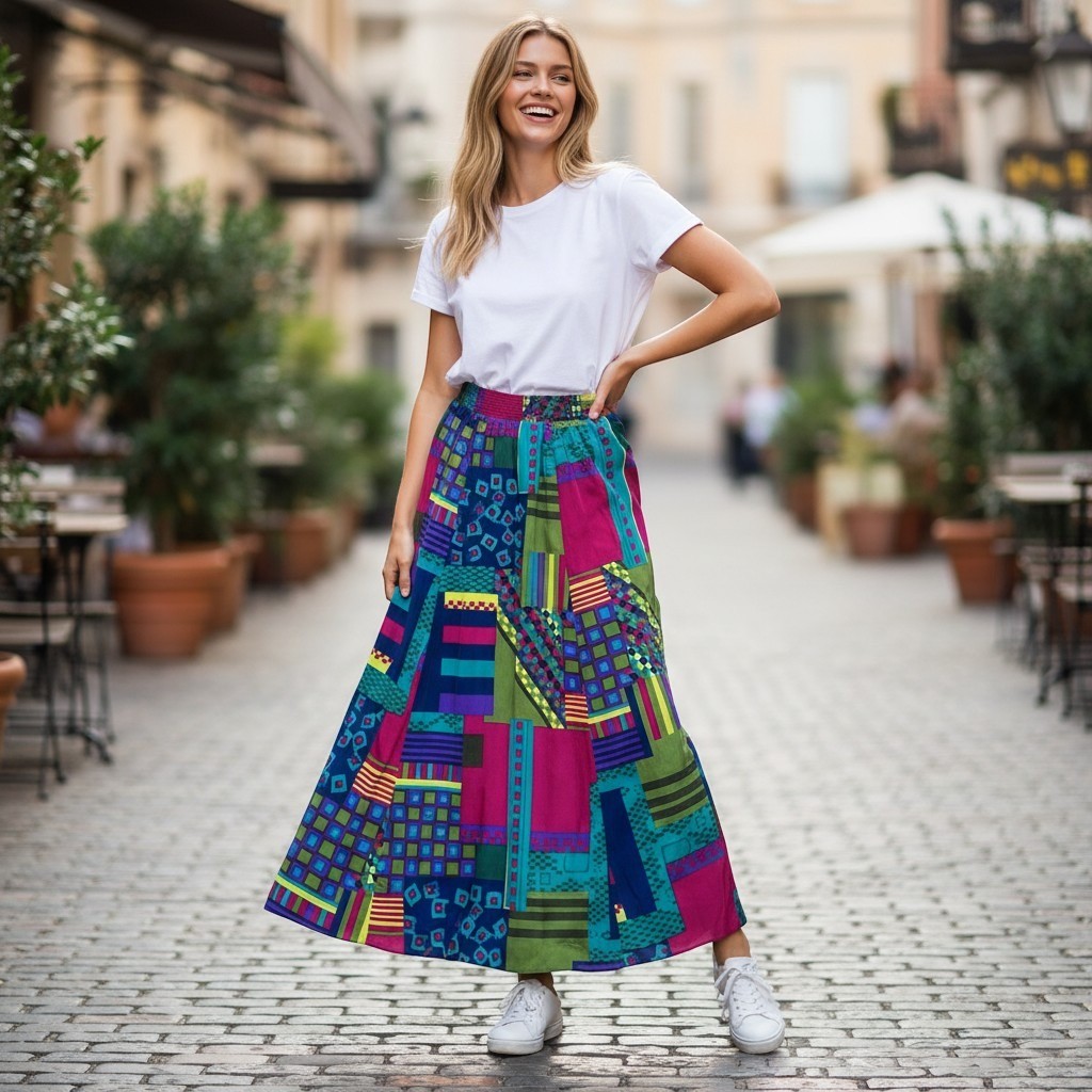 Jo Hardin Womens VTG Geometric Patchwork Maxi Skirt Multi Color Elastic Waist
