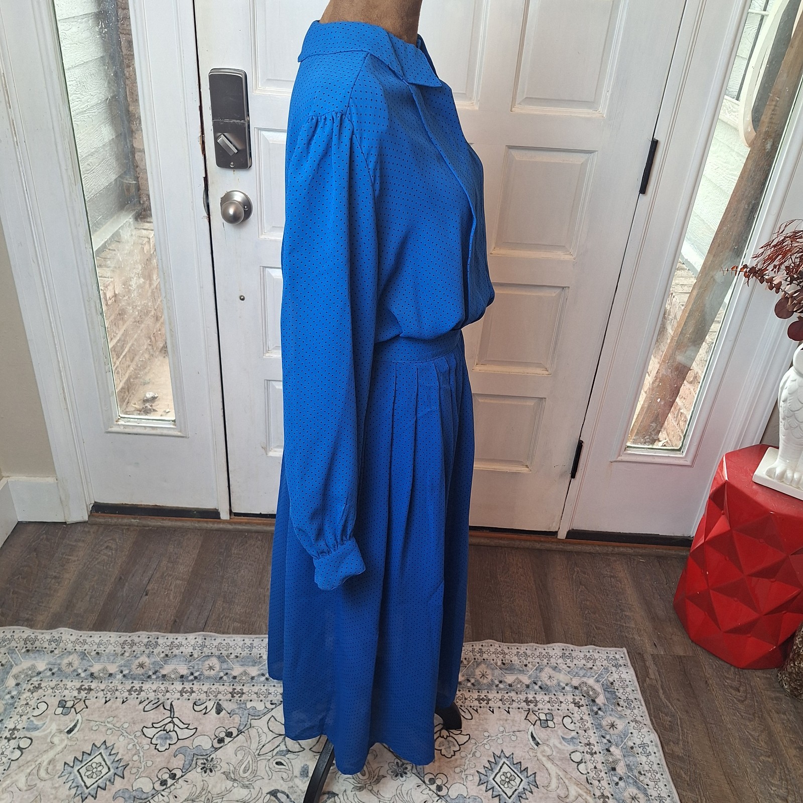 Vtg 80’s Compositions Skirt & Blouse Set, Blue With Black Polka Dots, Size…