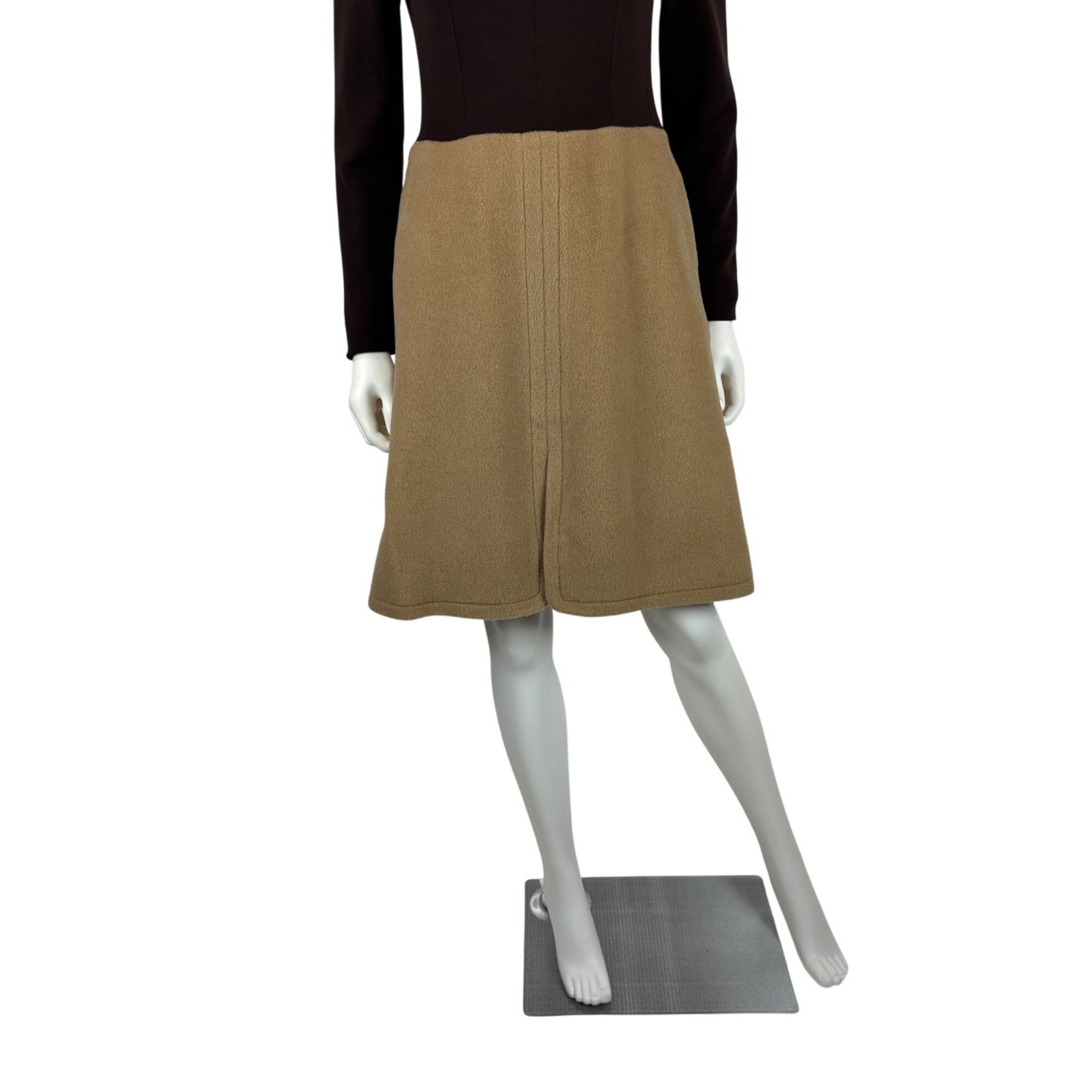 Vintage 60s Mod Dress Womens Small Wool Blend Brown Beige Knee Length Mockneck