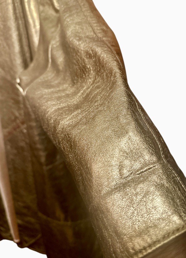 VTG 80s Kanar Gold Lame Metallic Leather Swing Coat Hollywood Glam XL / 2XL
