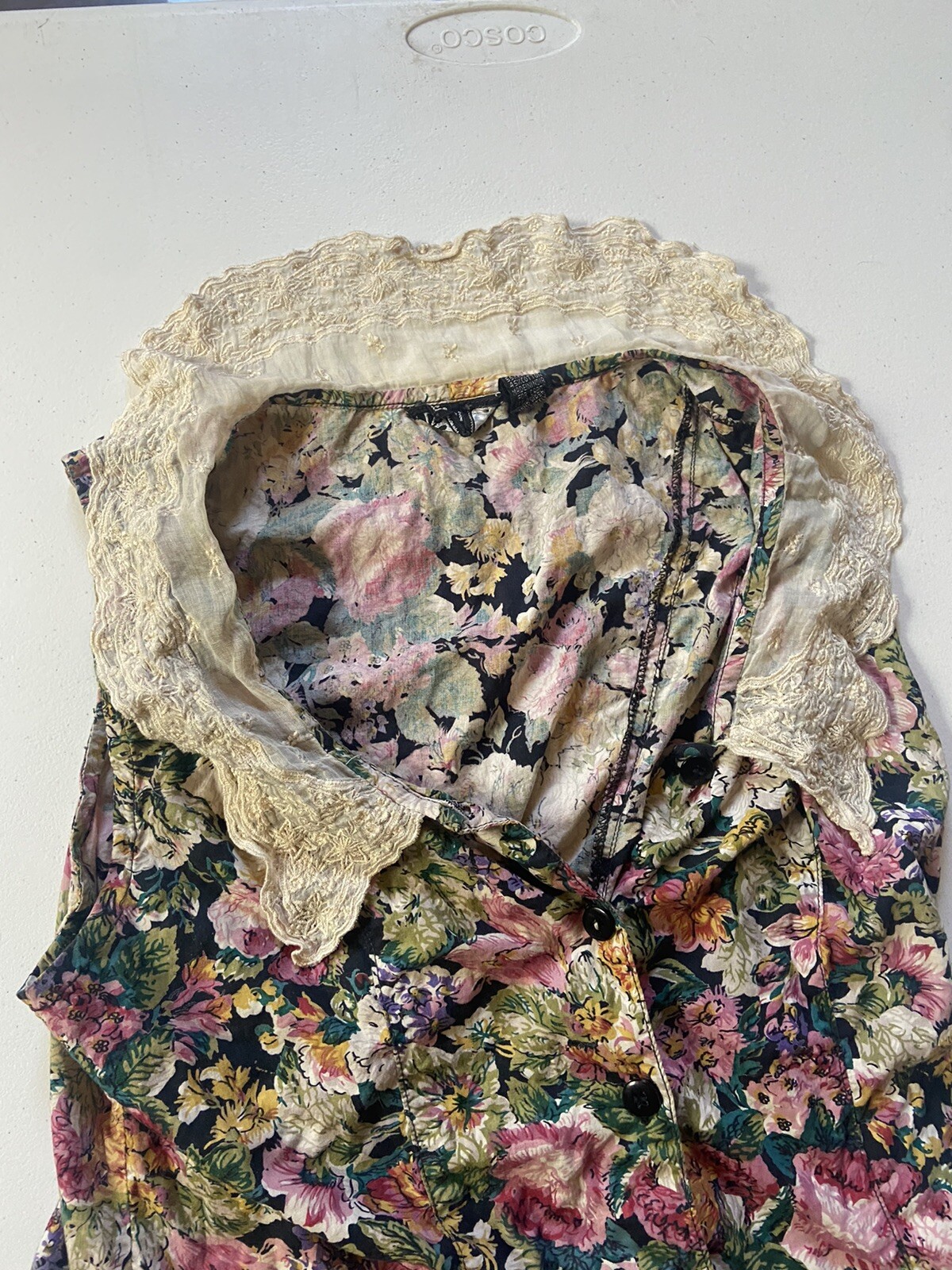 PHOOL 70s Vintage Lace Collar Floral Button Down Sleeveless Dress Size L
