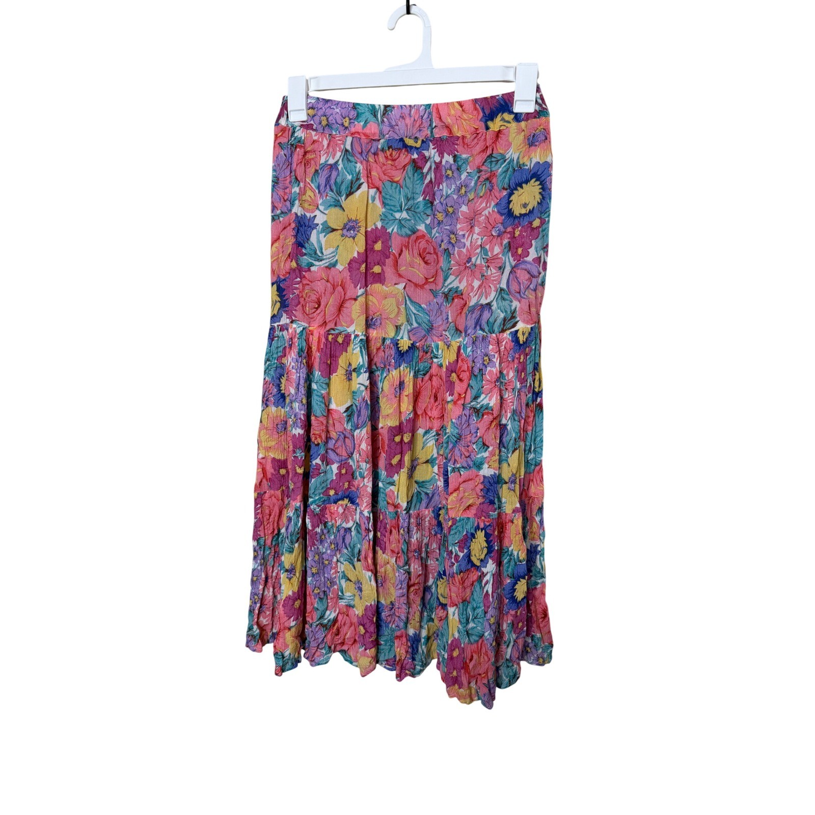 Vintage Adini Floral Tiered Maxi Skirt Pink Yellow Blue Rayon Boho Size P