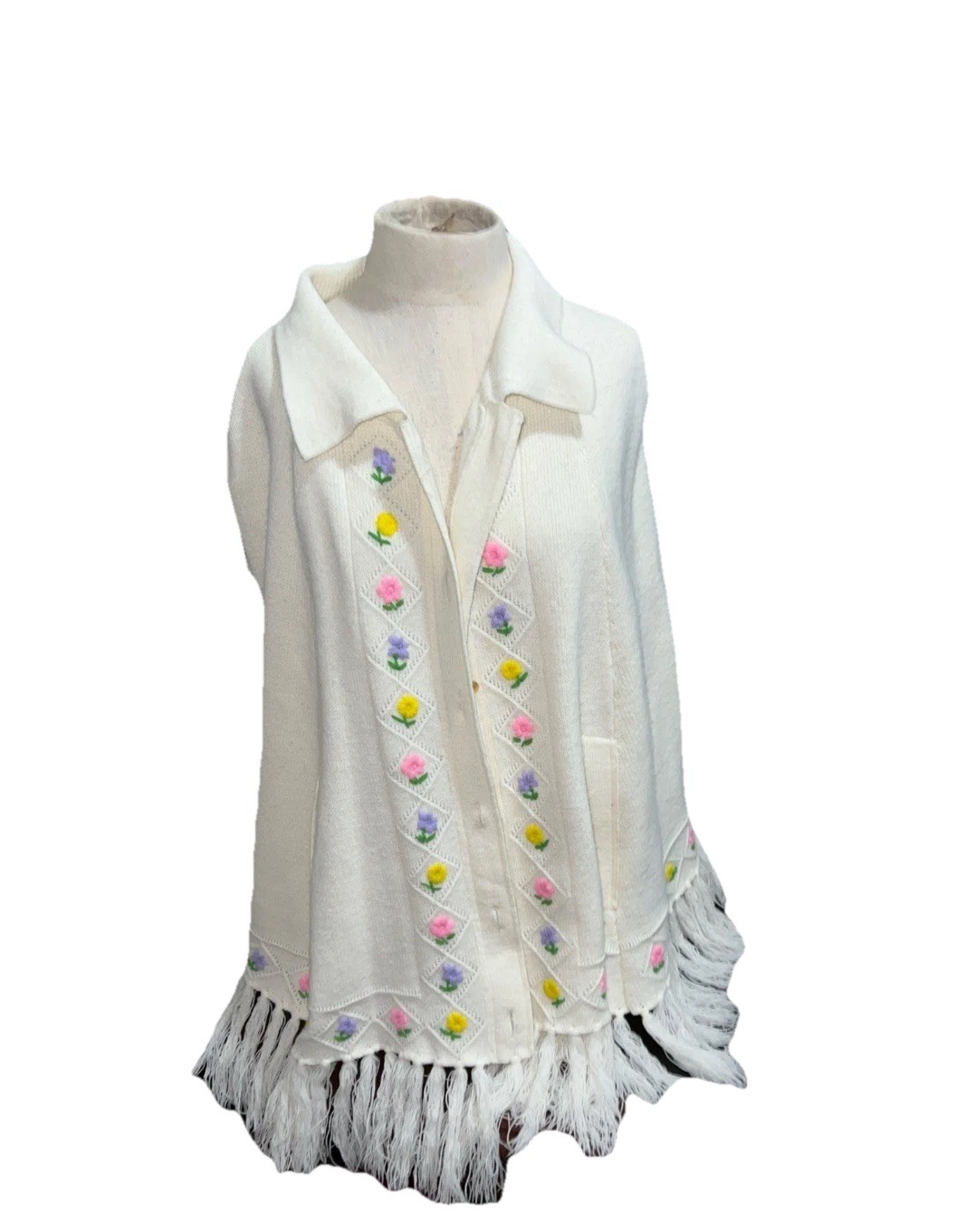 Vintage White Floral Embroidered Fringe Knit Poncho Shawl Cardigan One Size