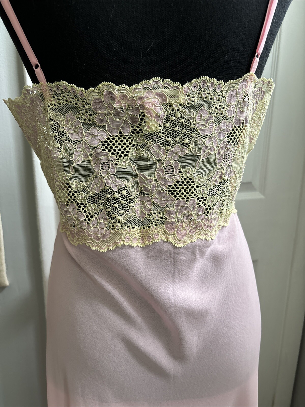 Vntg SLIP DRESS LINGERIE Pink CHIFFON Yellow LACE NIGHT GOWN VICTORIAS SECRET