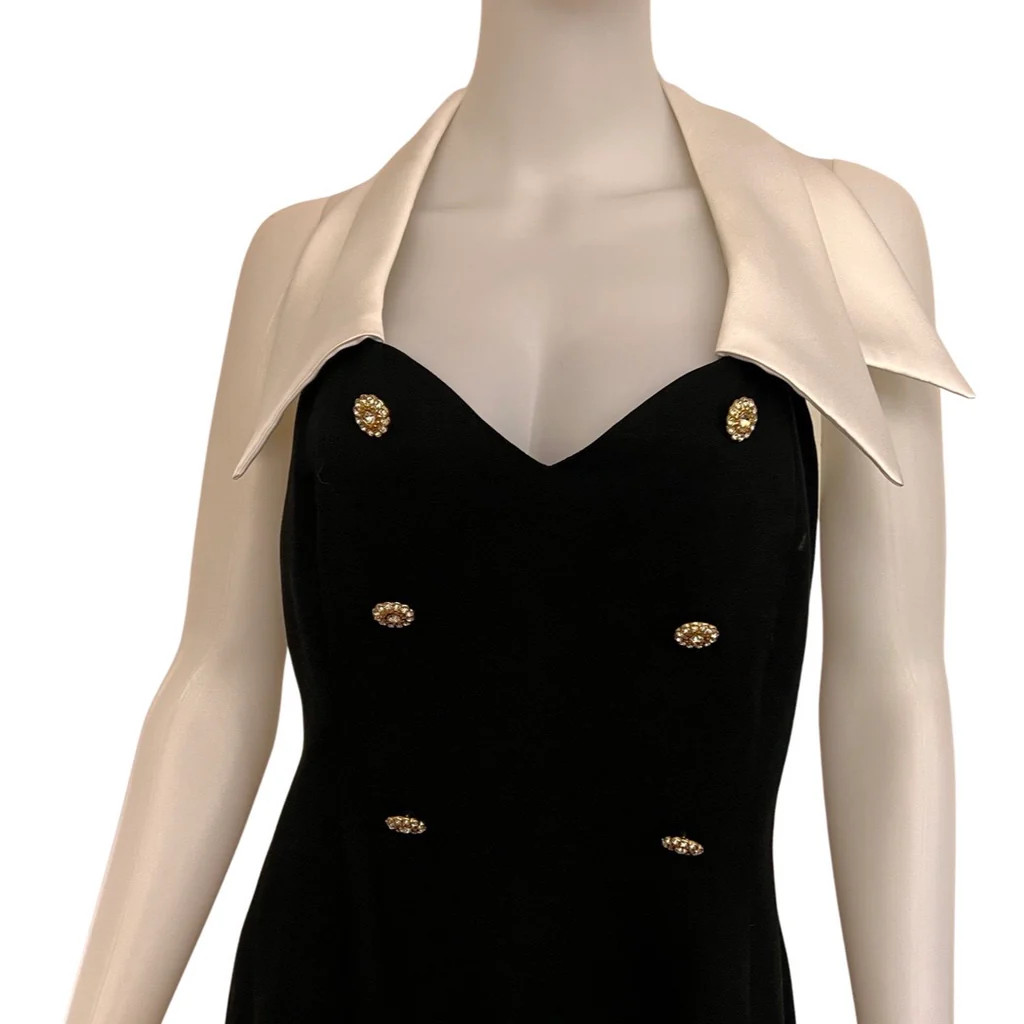 Vintage 1980s Tuxedo Style Black and White Halter Cocktail Dress Crystal Buttons