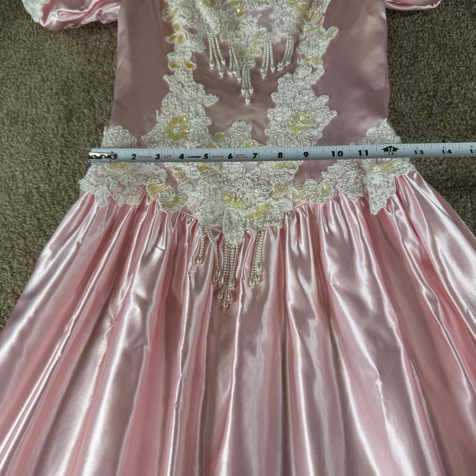 Vintage Pink Satin Gown With Beaded And Lace Details Ruffled Puff Sleeves Small
