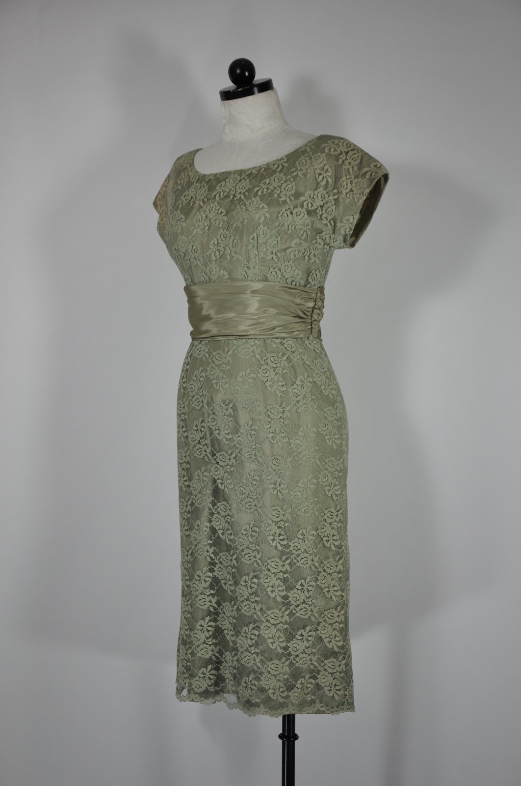 60s Vintage Sage Green Floral Lace Midi Sheath Wiggle Cocktail Dress Women XS S