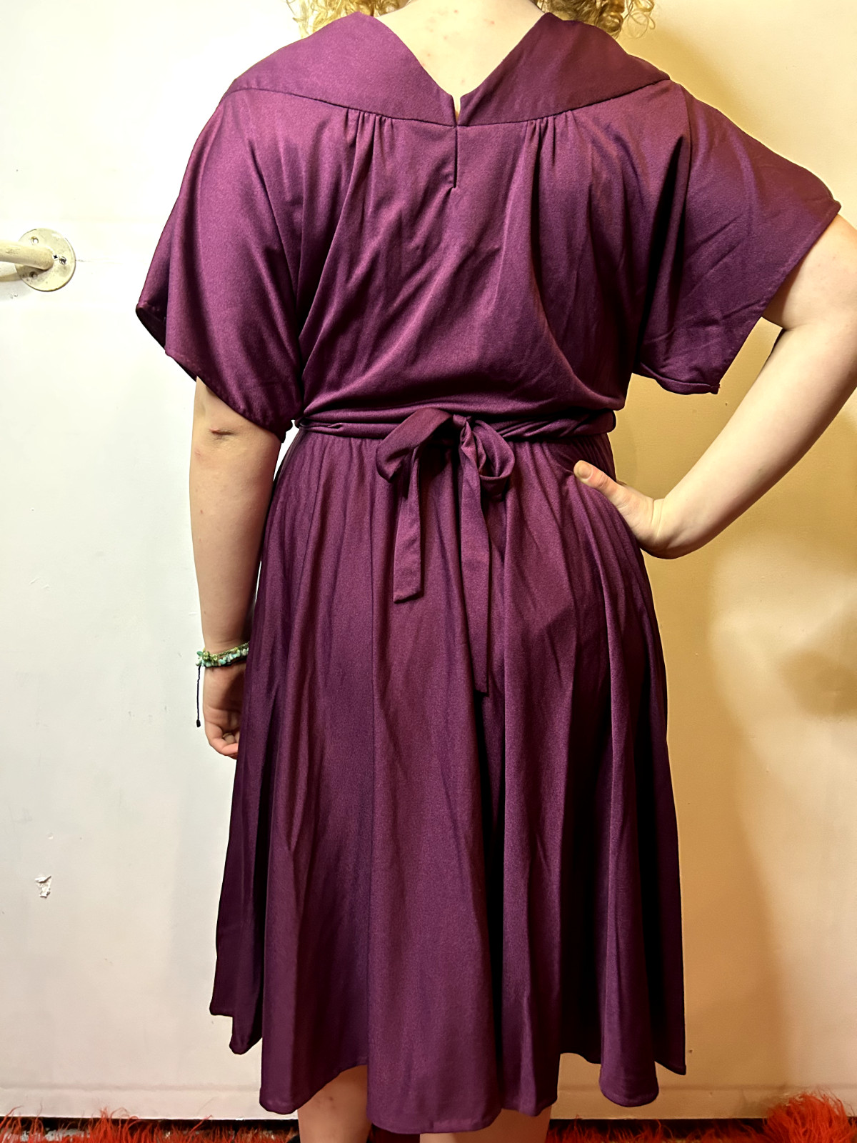 Vintage 1980s Purple Mauve Slinky Blouson Dress Belt Tie Yoke Midi Evening AU 14