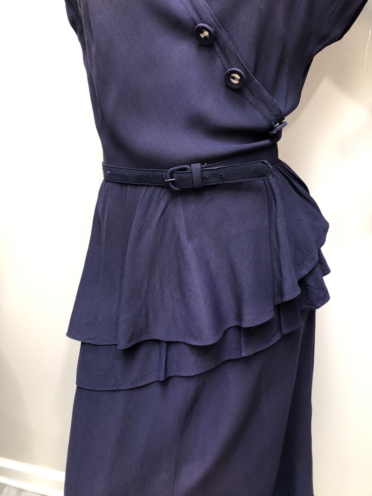 VTG 1940s Rayon Crepe ASYMMETRIC Waterfall PEPLUM Swing Dress *GINGHAM Accents