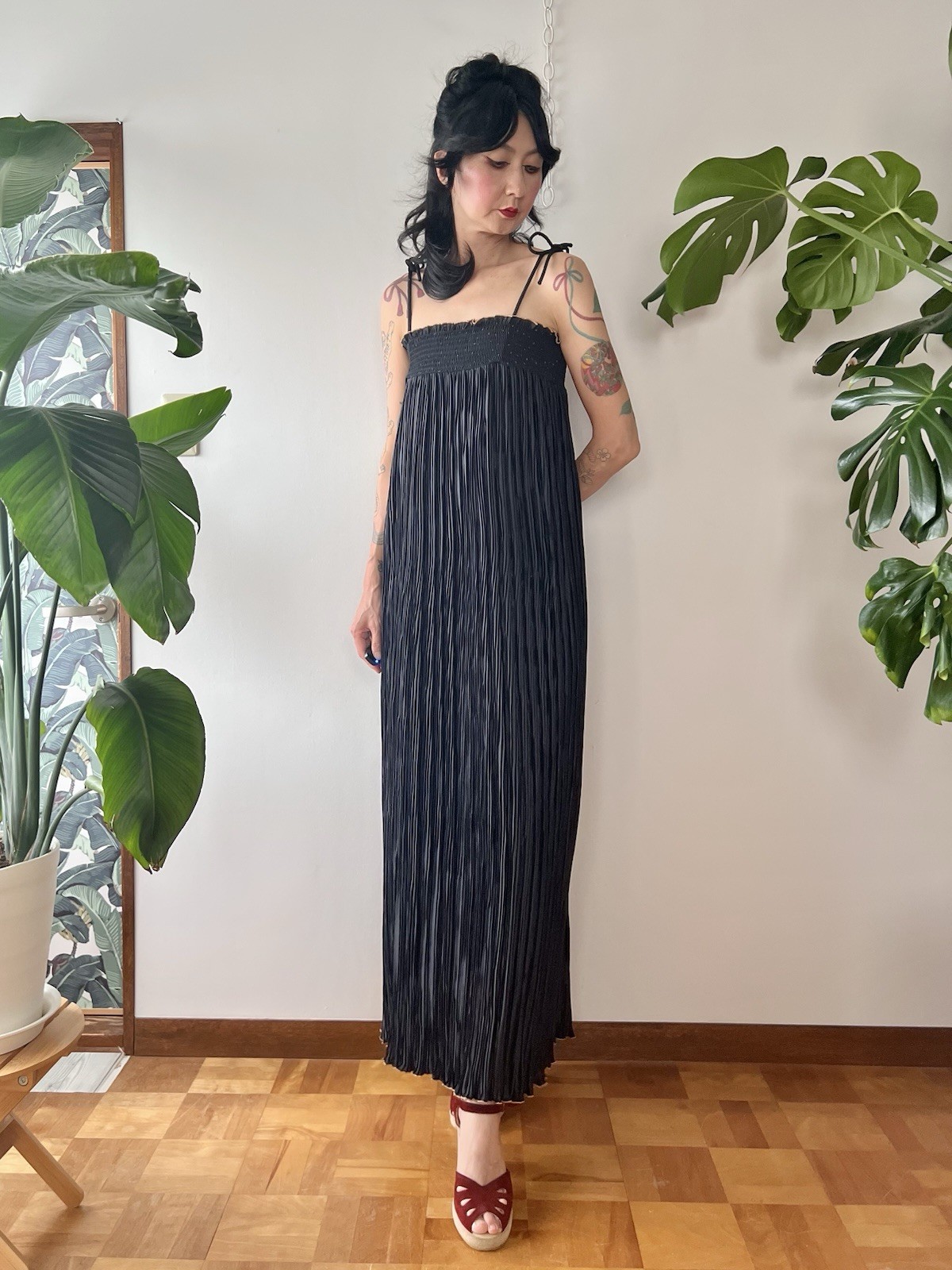 1980s Jeanne Marc Black Permanent Pleated Maxi Dress Spaghetti Strap M