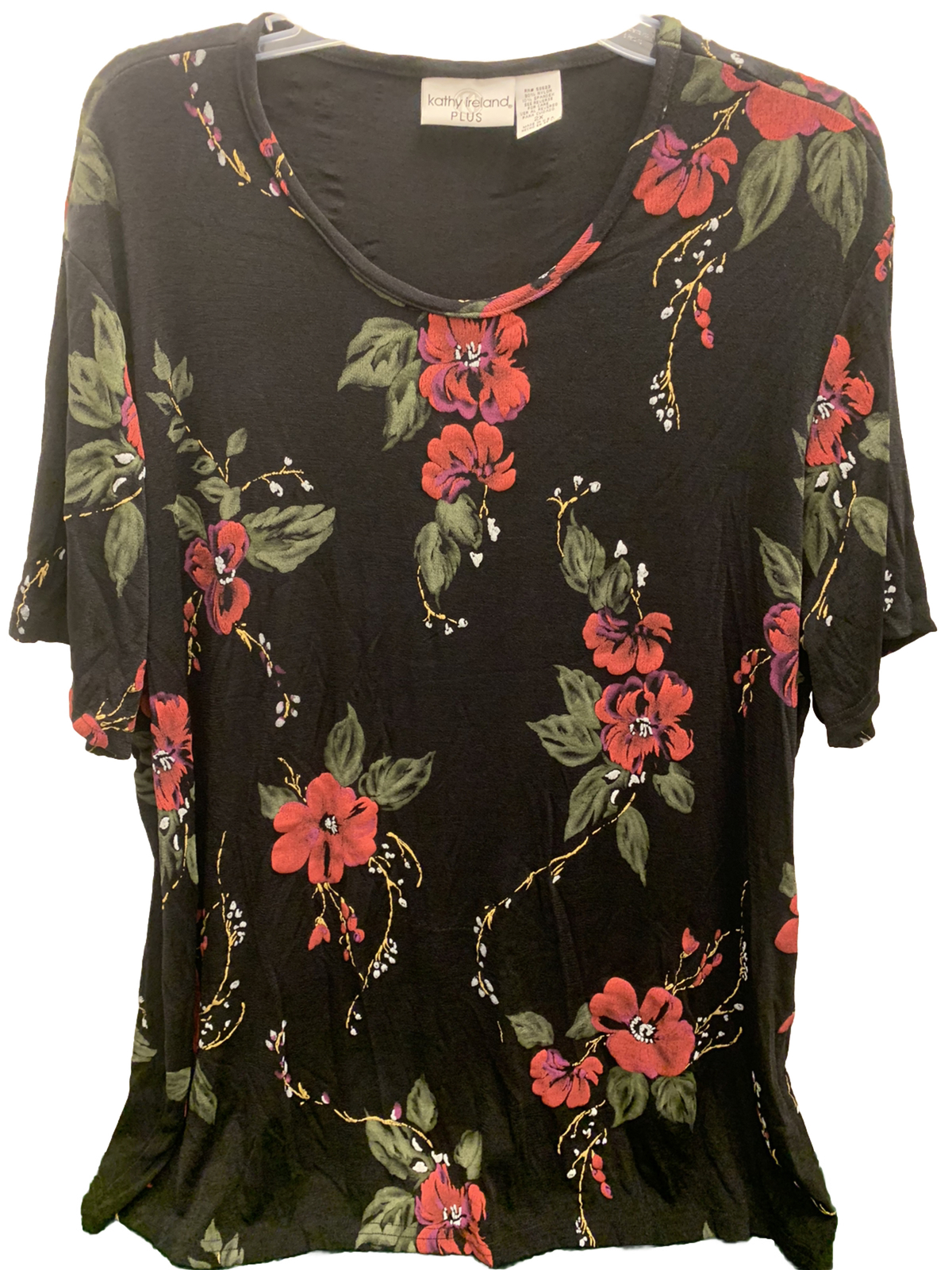 Vintage Kathy Ireland Plus Blouse Black Short Sleeve With Floral Design Size 2XL