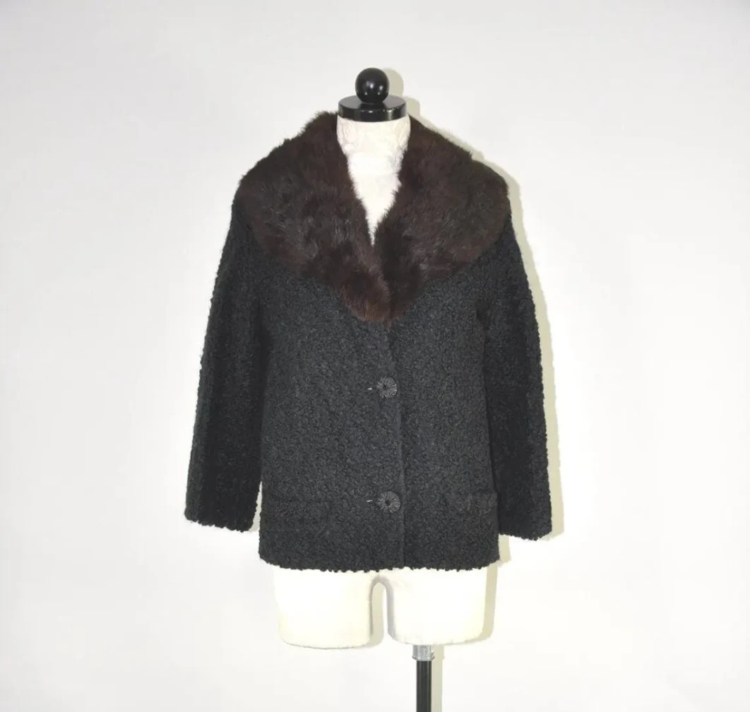 50s Black Boucle Brown Mink Fur Collar Boxy Evening Jacket Short Coat Women M