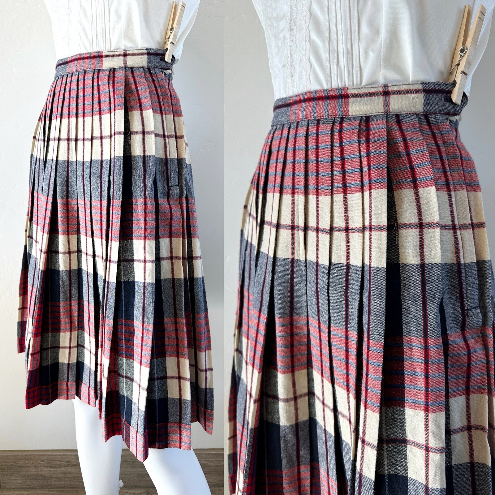 VTG 70S CENTURY OF BOSTON REVERSIBLE PLEATED PLAID SKIRT PREPPY FITS XS/0 24″W