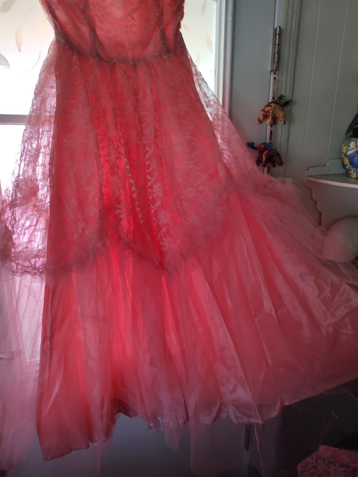 Vintage 50s Sz S Candy Pink Lace Ball Gown With Ballero Jacket Crinoline, Metal