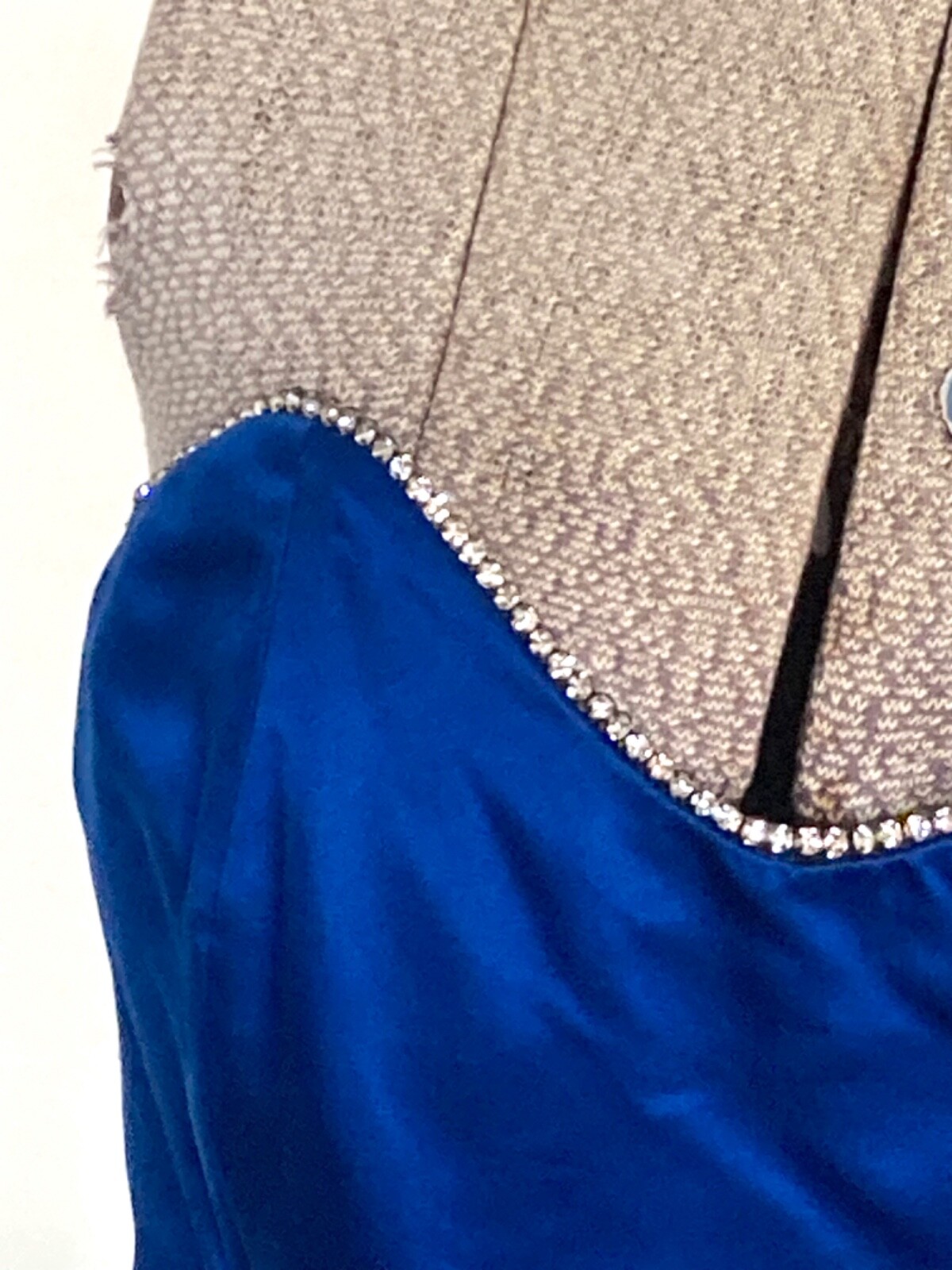 Vintage CACHE Peacock Blue Silk Bubble COCKTAIL Dress Rhinestones Strapless 36