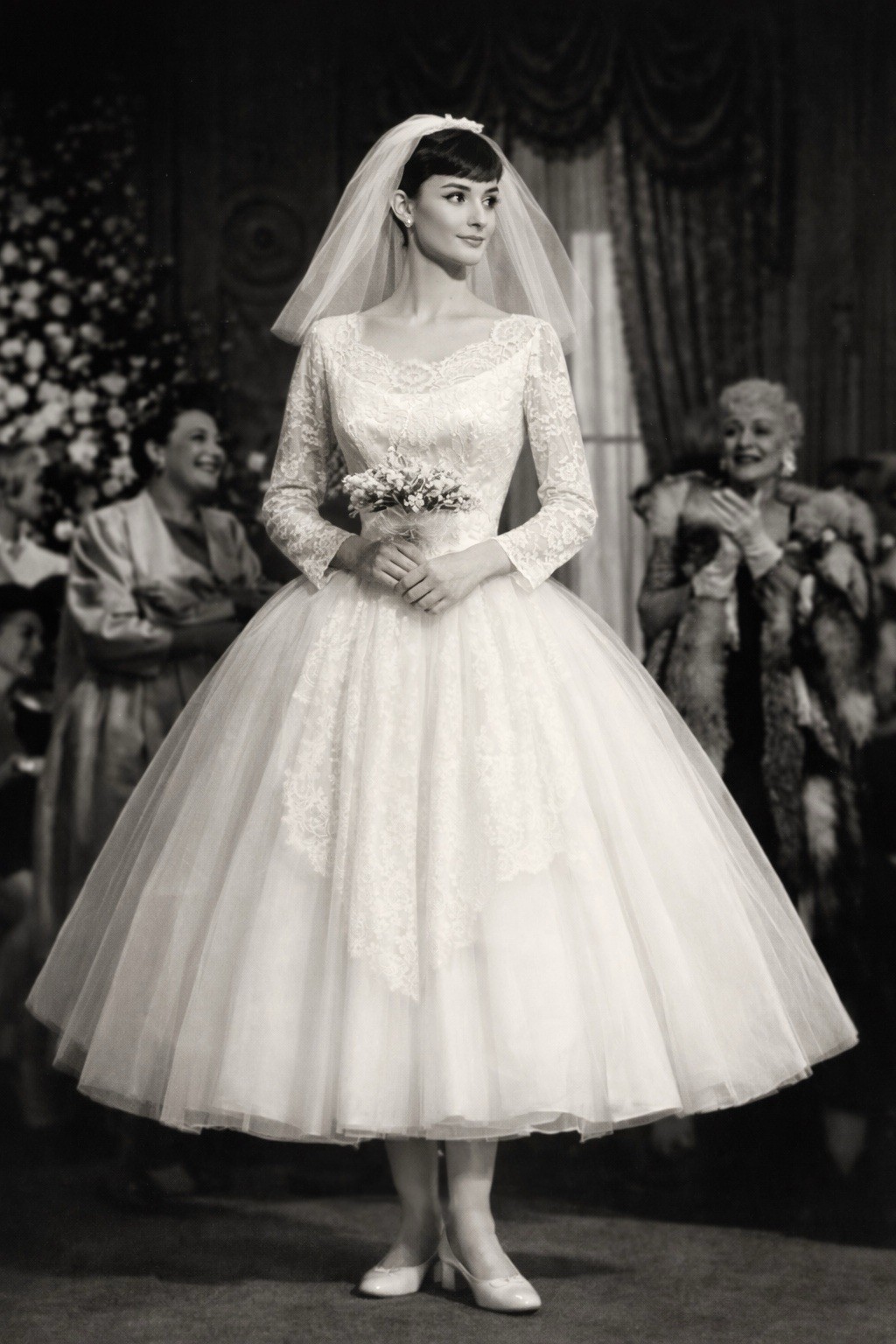 VTG 1950s 60s Lace Tea Length Wedding Dress XS Audrey Hepburn Modest MCM Bride