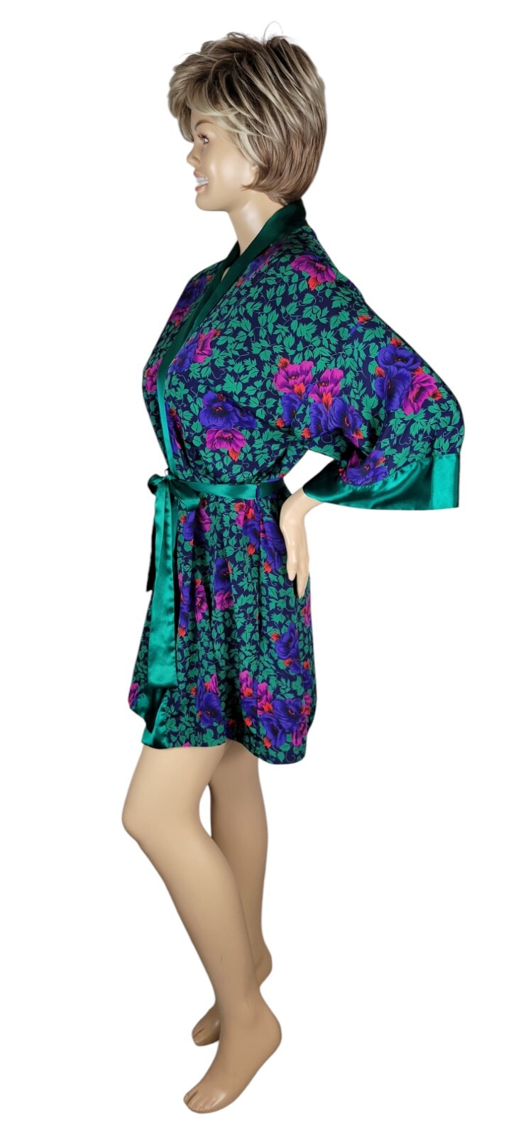 Vtg Victoria’s Secret Gold Label Poly Satin Green Purple Pink Red Floral Robe OS