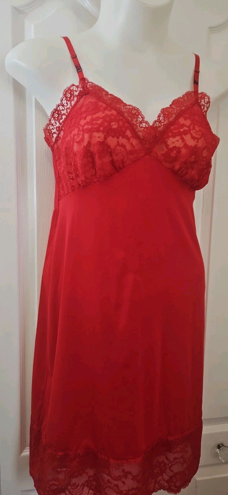 Vintage Van Raalte Red Nylon Full Slip Wide Lace Size 38 FLAWED