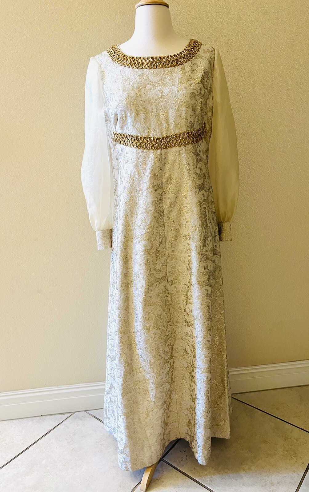 60s Vintage Brocade MAXI Dress Metallic Renaiss Style Dress Empress Gold M/L