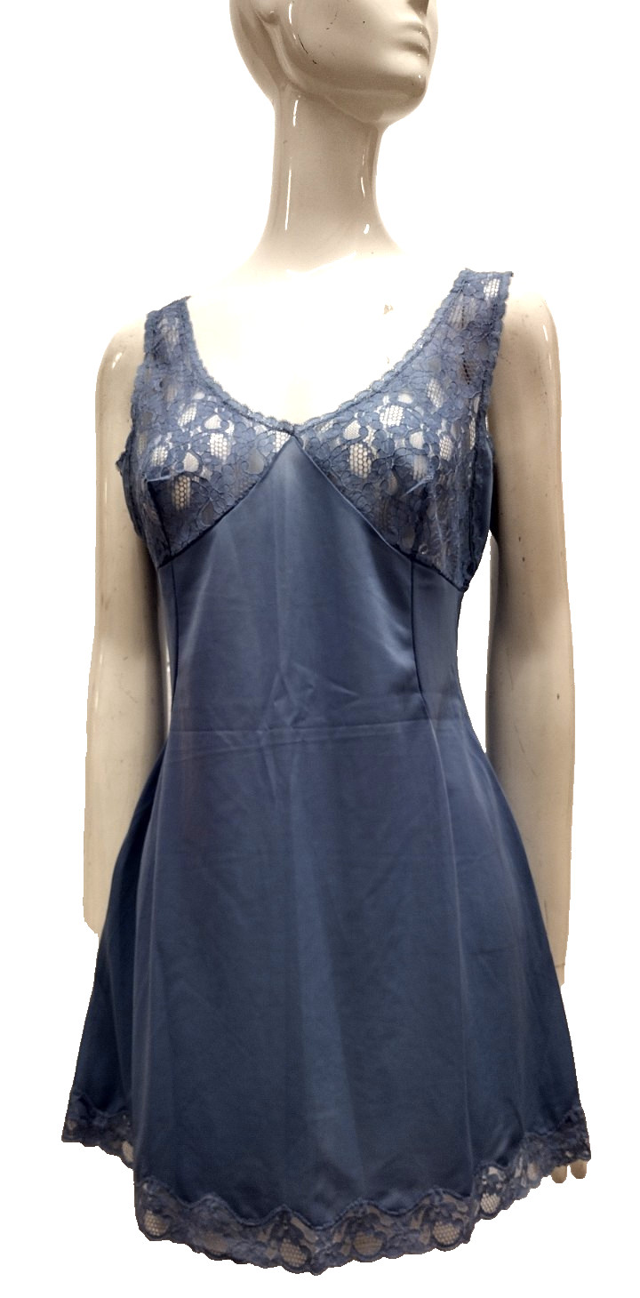 Vintage 1960s Slip Dress S/M Lace Nylon Periwinkle Color Busty A-line Italy