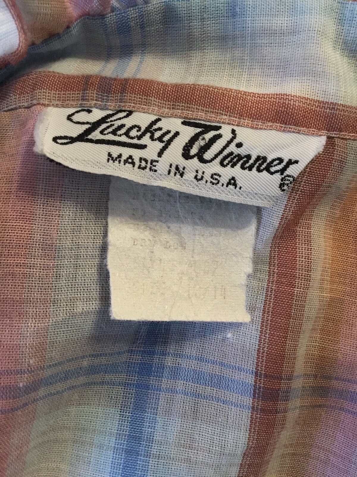 Vintage 70’s 80’s Sheer High Neck Plaid Button Front Shirt Lucky Winner Size 14