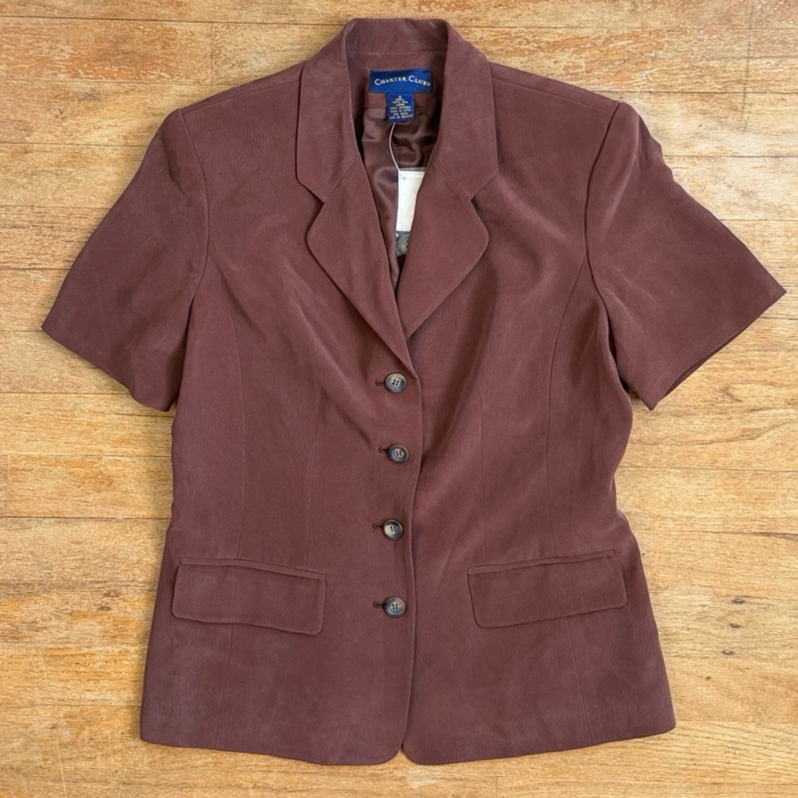 Vintage Mahogany Brown Silk Short Sleeve Blazer Size Small 6 Sport Coat Jacket