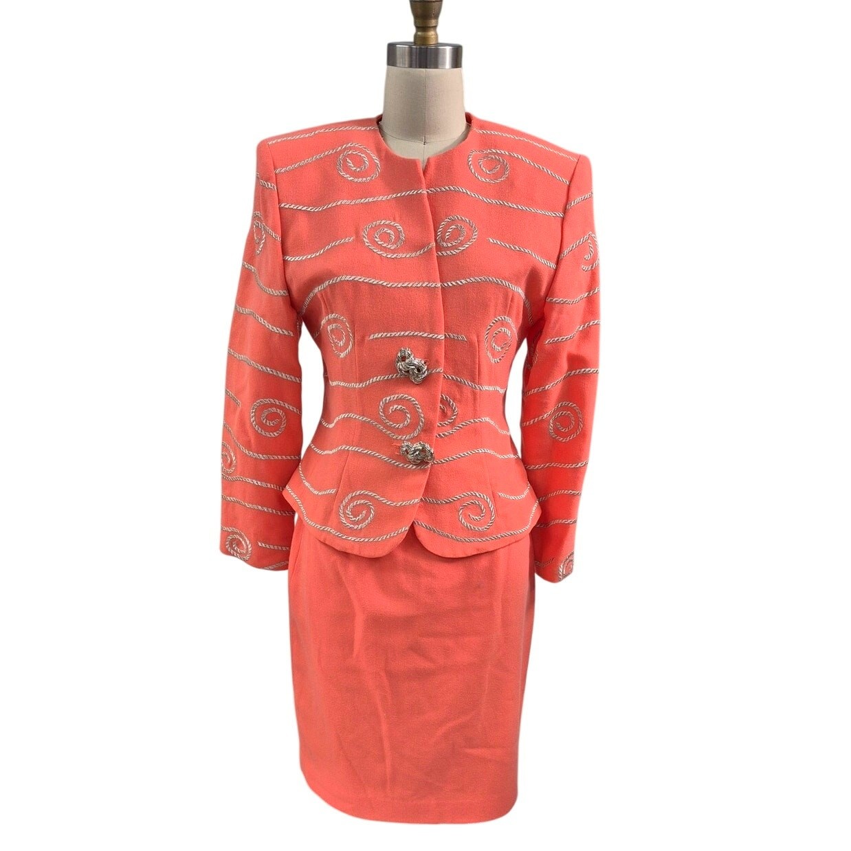 Vtg 80s Magali Skirt Suit Orange Wool Mob Wife Gold Rope Applique Sz 8 M