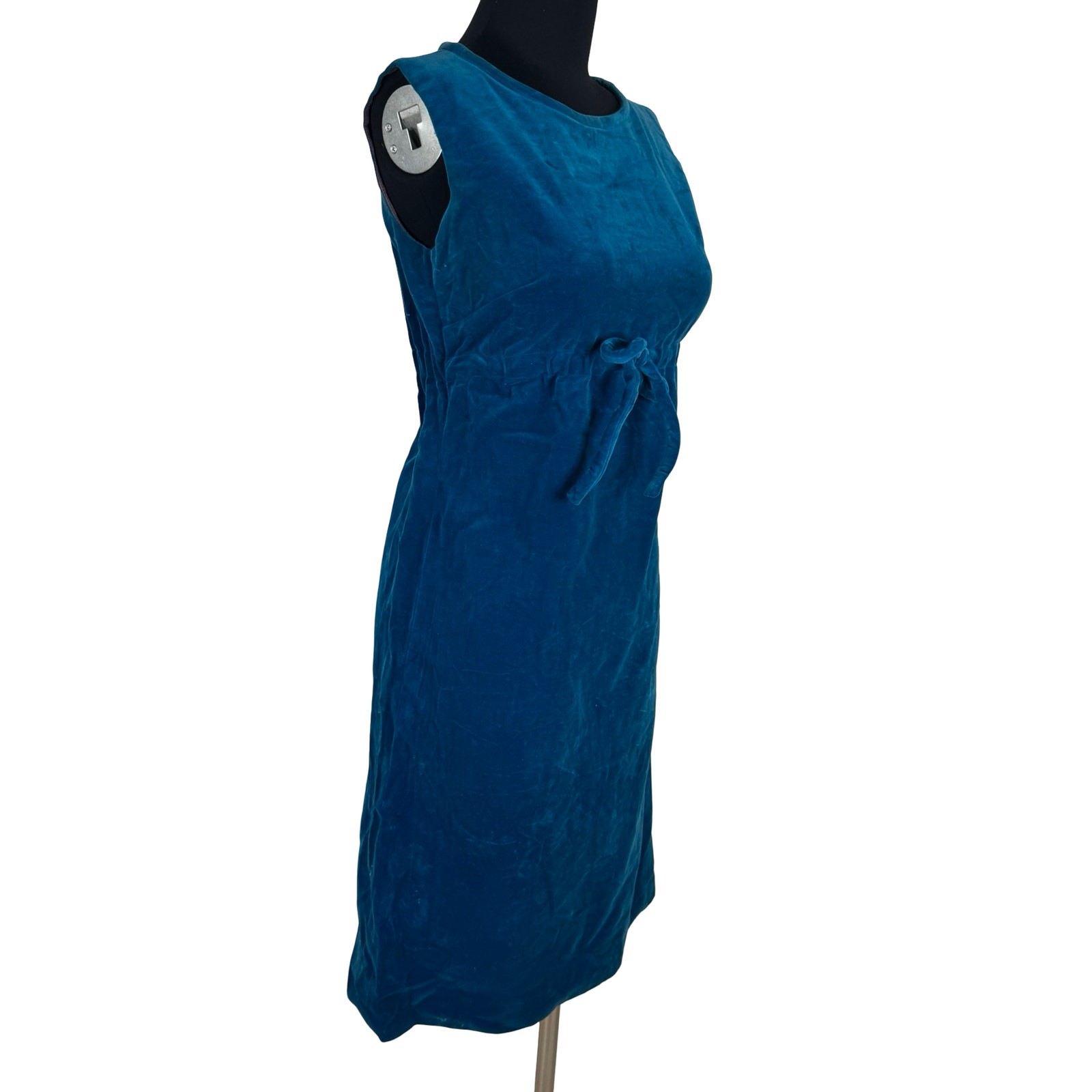 Vintage 60s Ilene Ricky Aqua Blue Velvet Dress Mod Empire Waist Tie Size XS