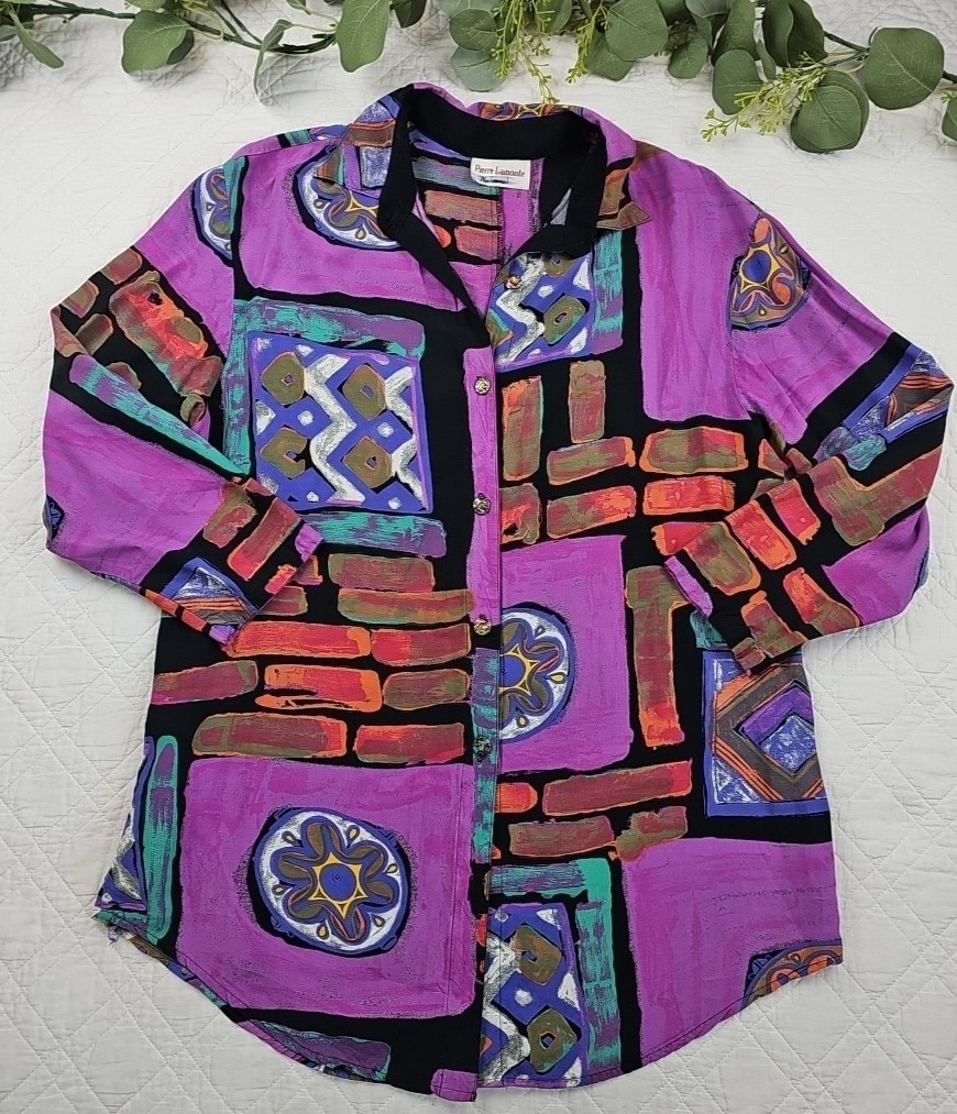 VTG Pierre Lamonte 80’s-90’s Blouse Purple and Orange Button Up Size L