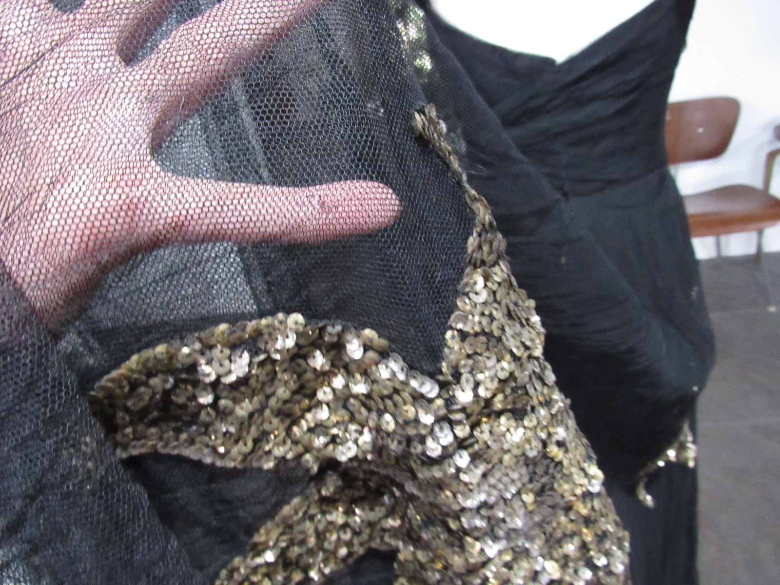 W@W VTG COUTURE 30s 40s formal dress tulle sequins black gold maxi goth witchy M