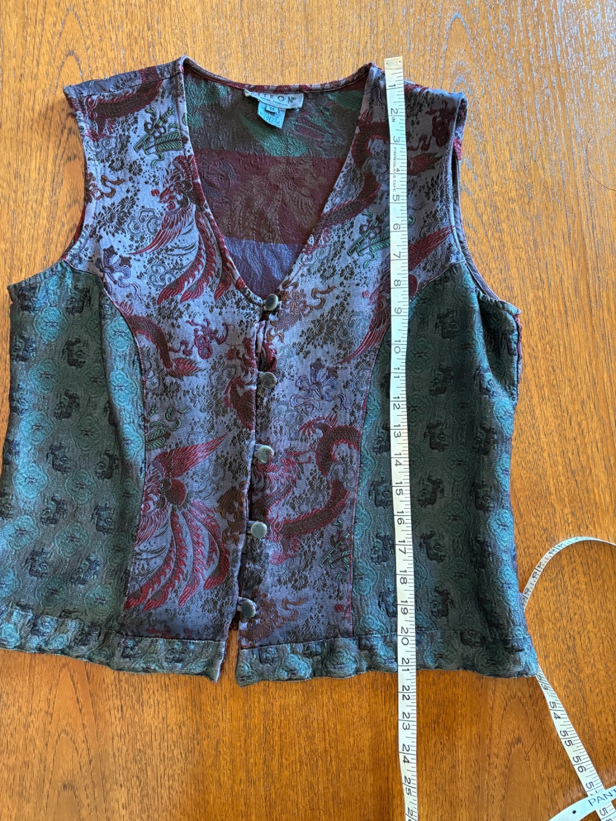 Vintage 90s Y2k Silk Artisan Patchwork Citron Santa Monica Vest M Boho Jacquard