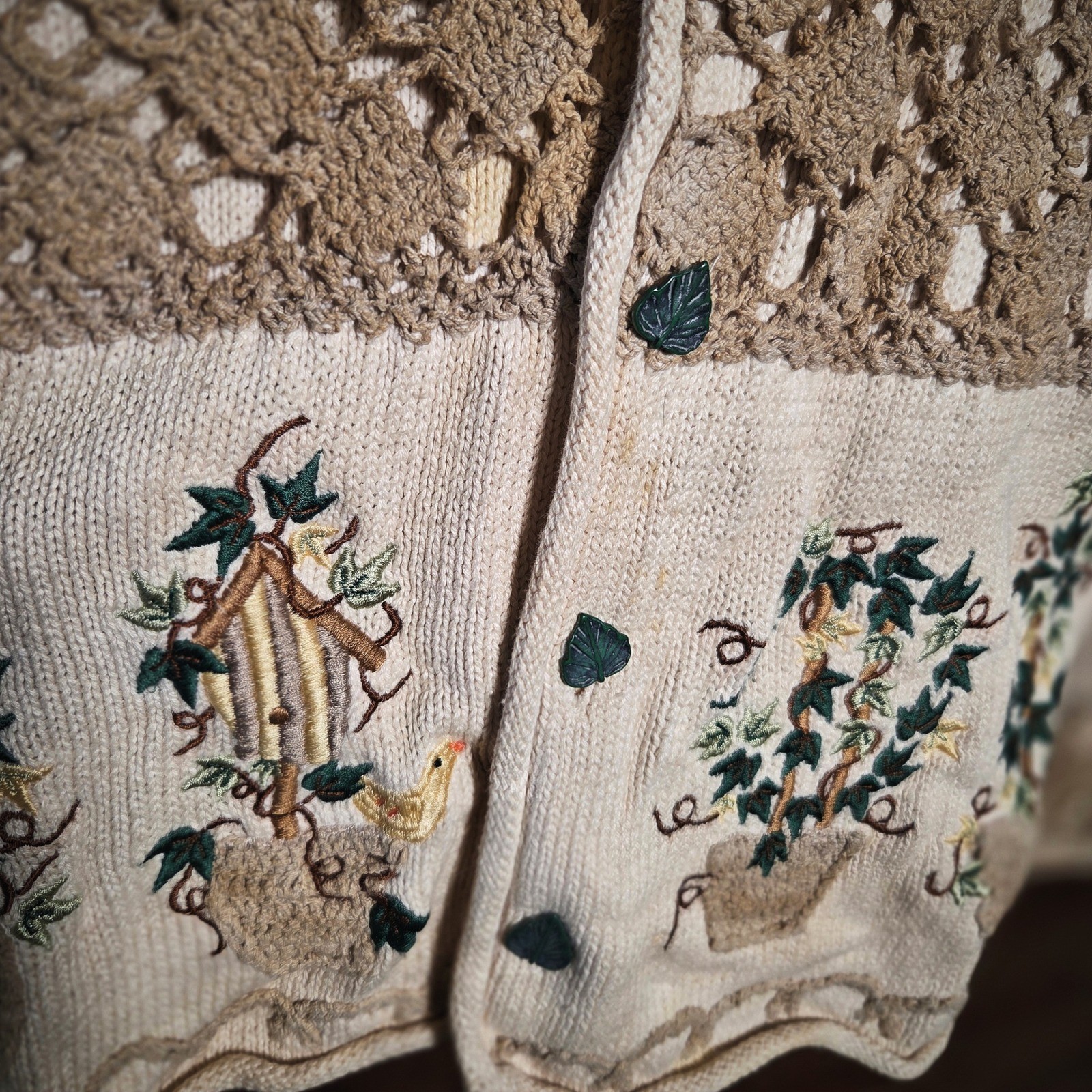 Vintage 90s BellePointe Embroidered Garden Crochet Cardigan Knit Plant Sweater