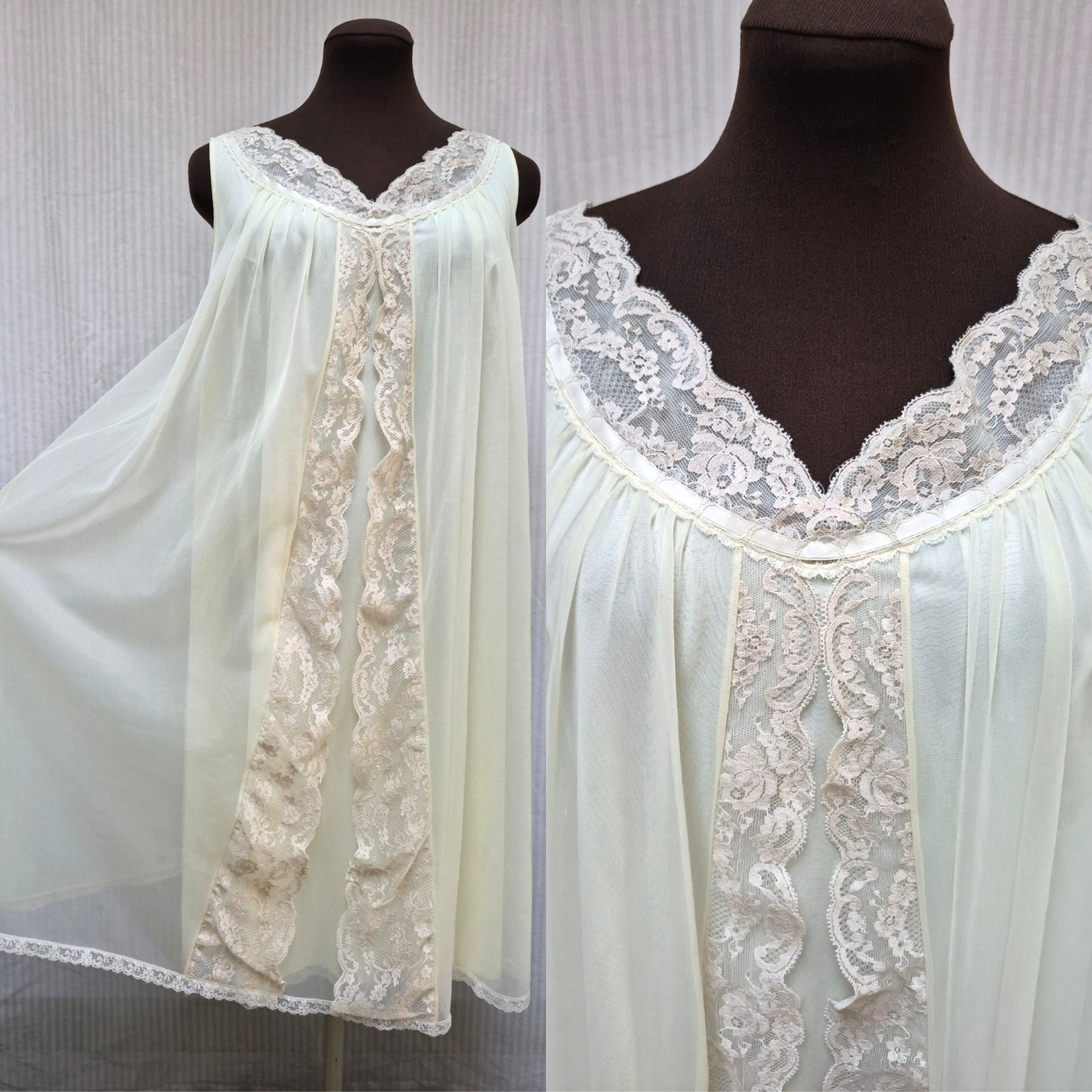 Vintage SHADOWLINE Yellow Nylon Chiffon & Lace Nightgown Nightie – Size M – EUC