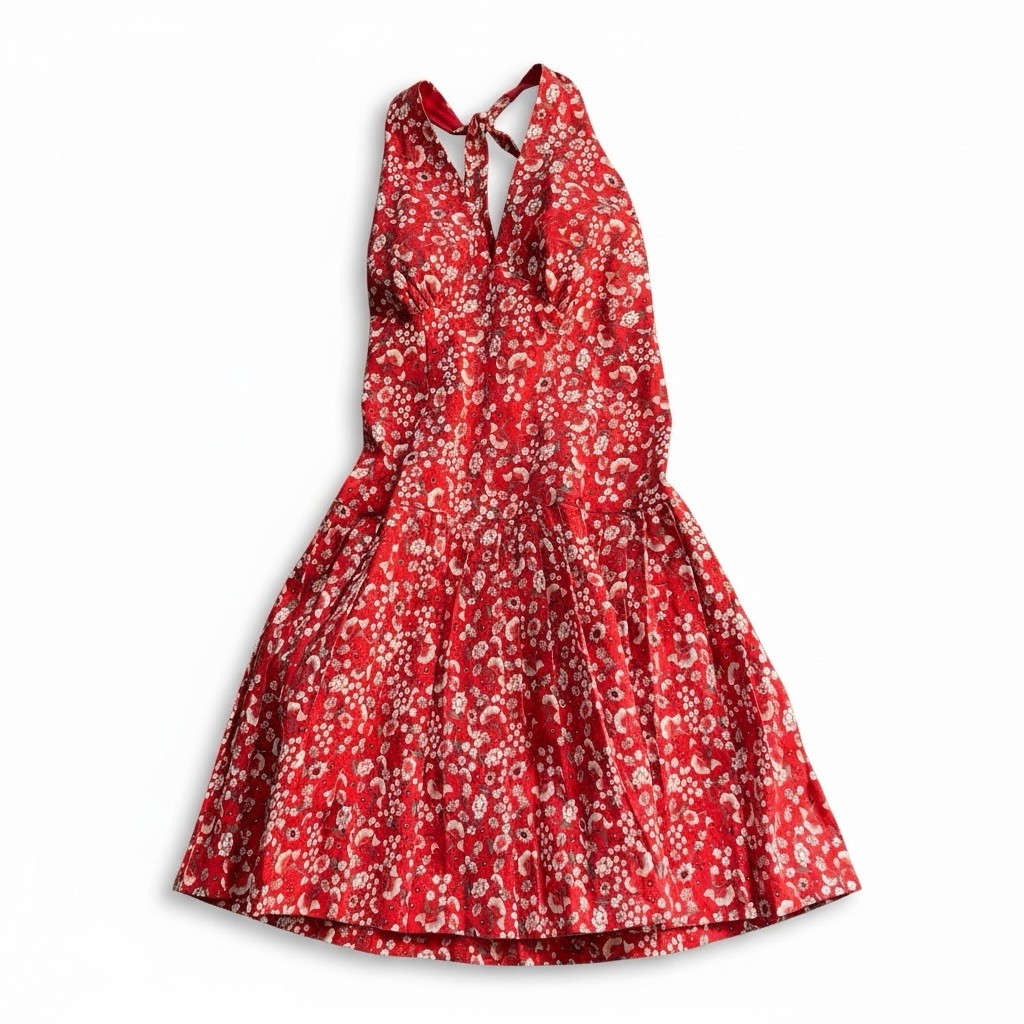 B.Darlin Halter Pleated Sun Dress Sz 5/6 Red White Flowers Vintage Y2K